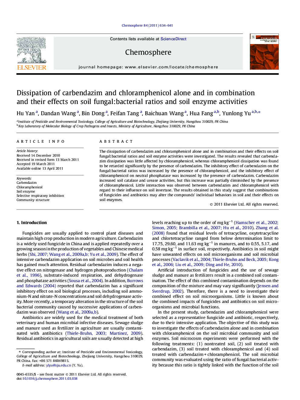 Dissipation of carbendazim and chloramphenicol alone and in combination and their effects on soil fungal:bacterial ratios and soil enzyme activities