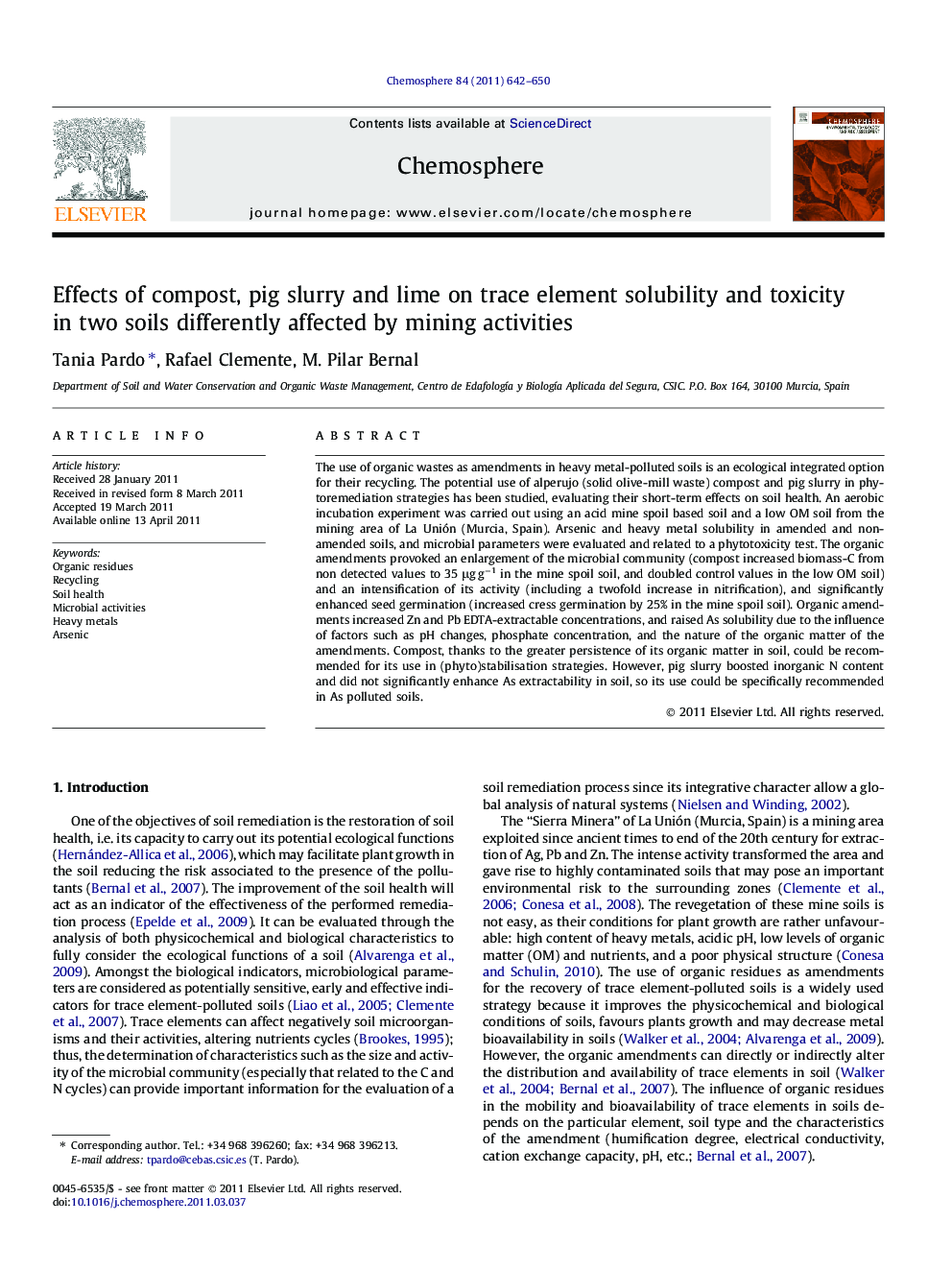عکس صفحه اول مقاله: Effects of compost, pig slurry and lime on trace element solubility and toxicity in two soils differently affected by mining activities Effects of compost, pig slurry and lime on trace element solubility and toxicity in two soils differently affected by mining activities