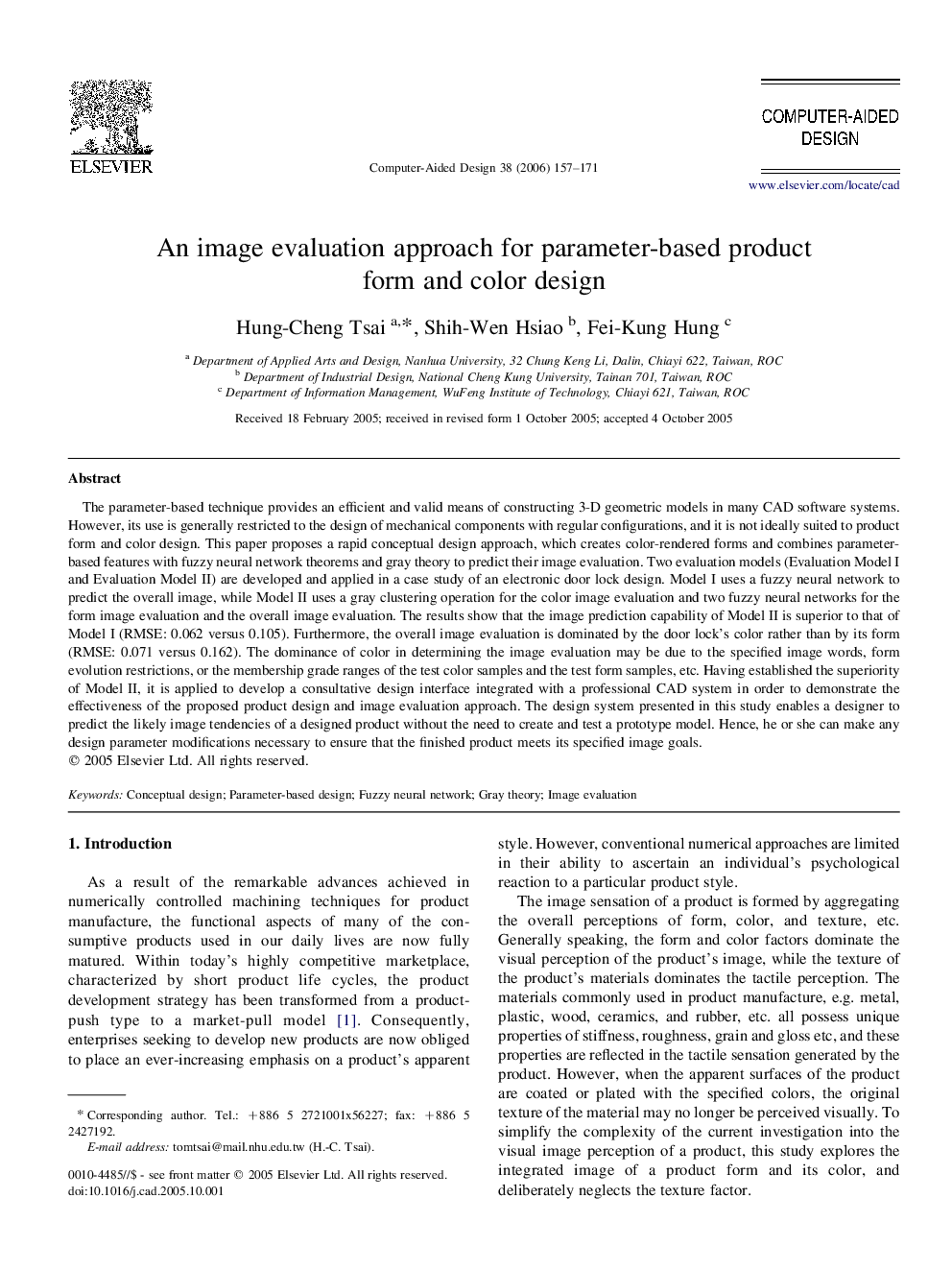 An image evaluation approach for parameter-based product form and color design