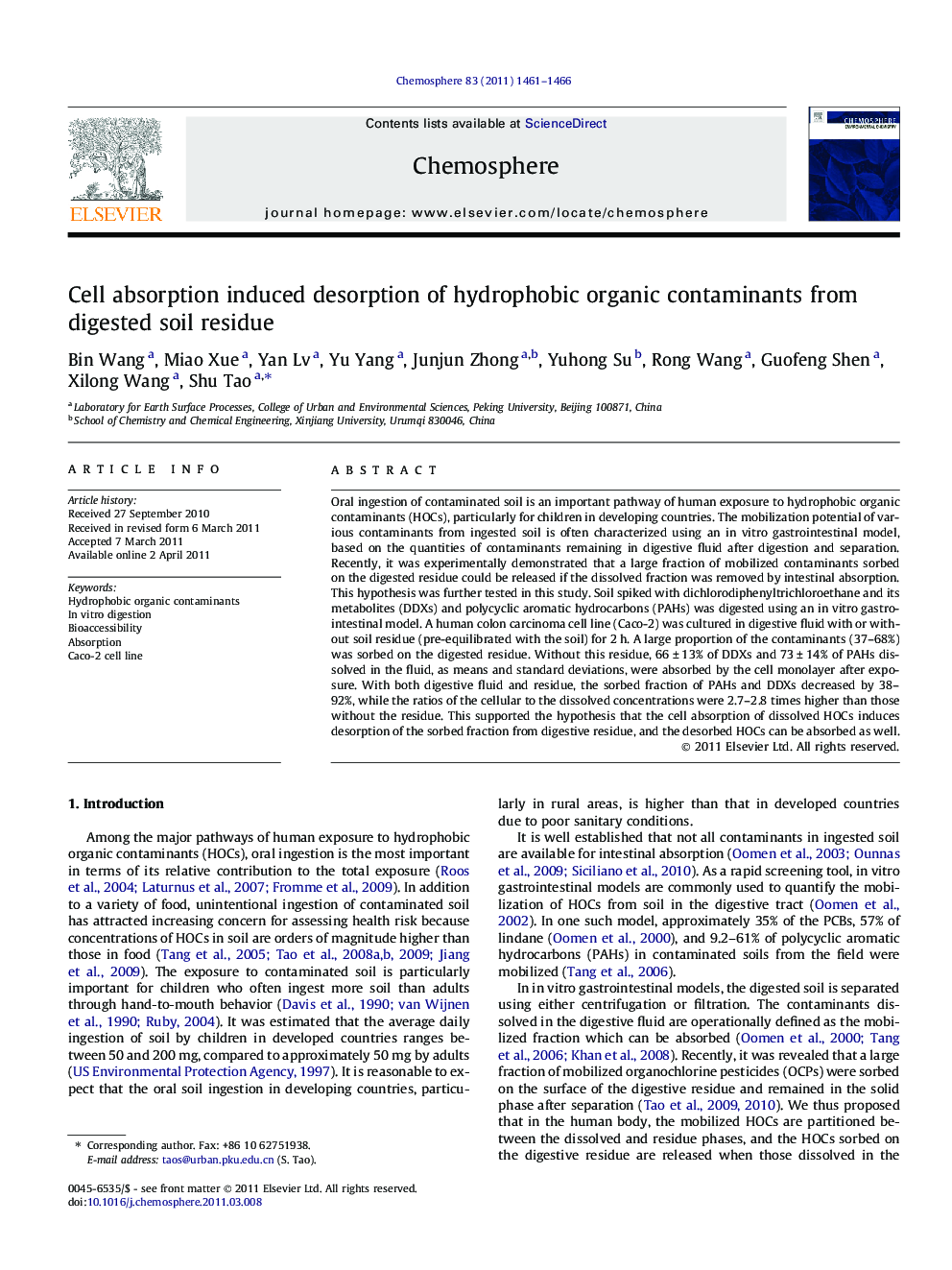 Cell absorption induced desorption of hydrophobic organic contaminants from digested soil residue