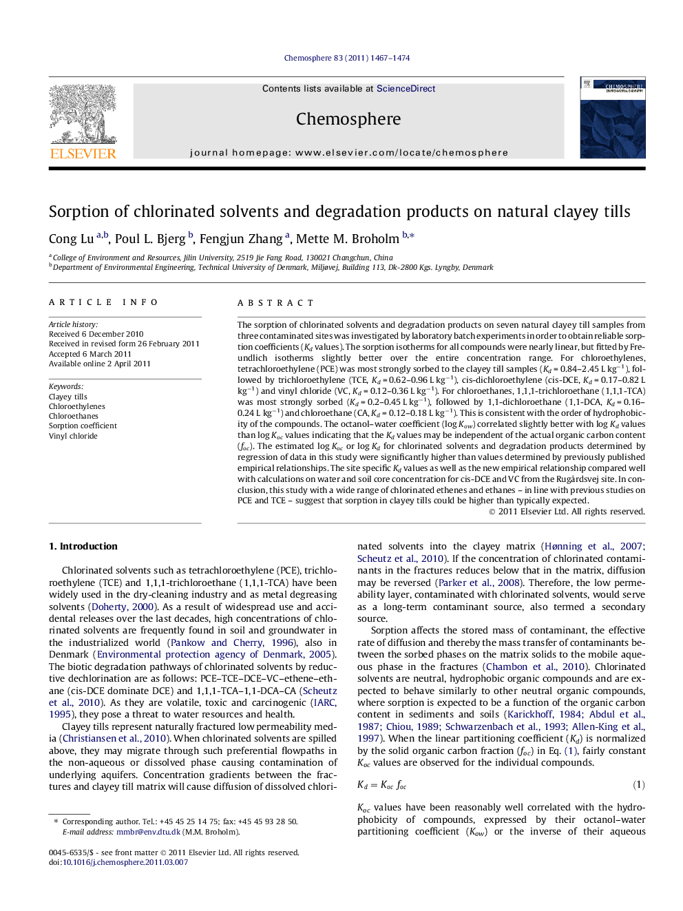 Sorption of chlorinated solvents and degradation products on natural clayey tills