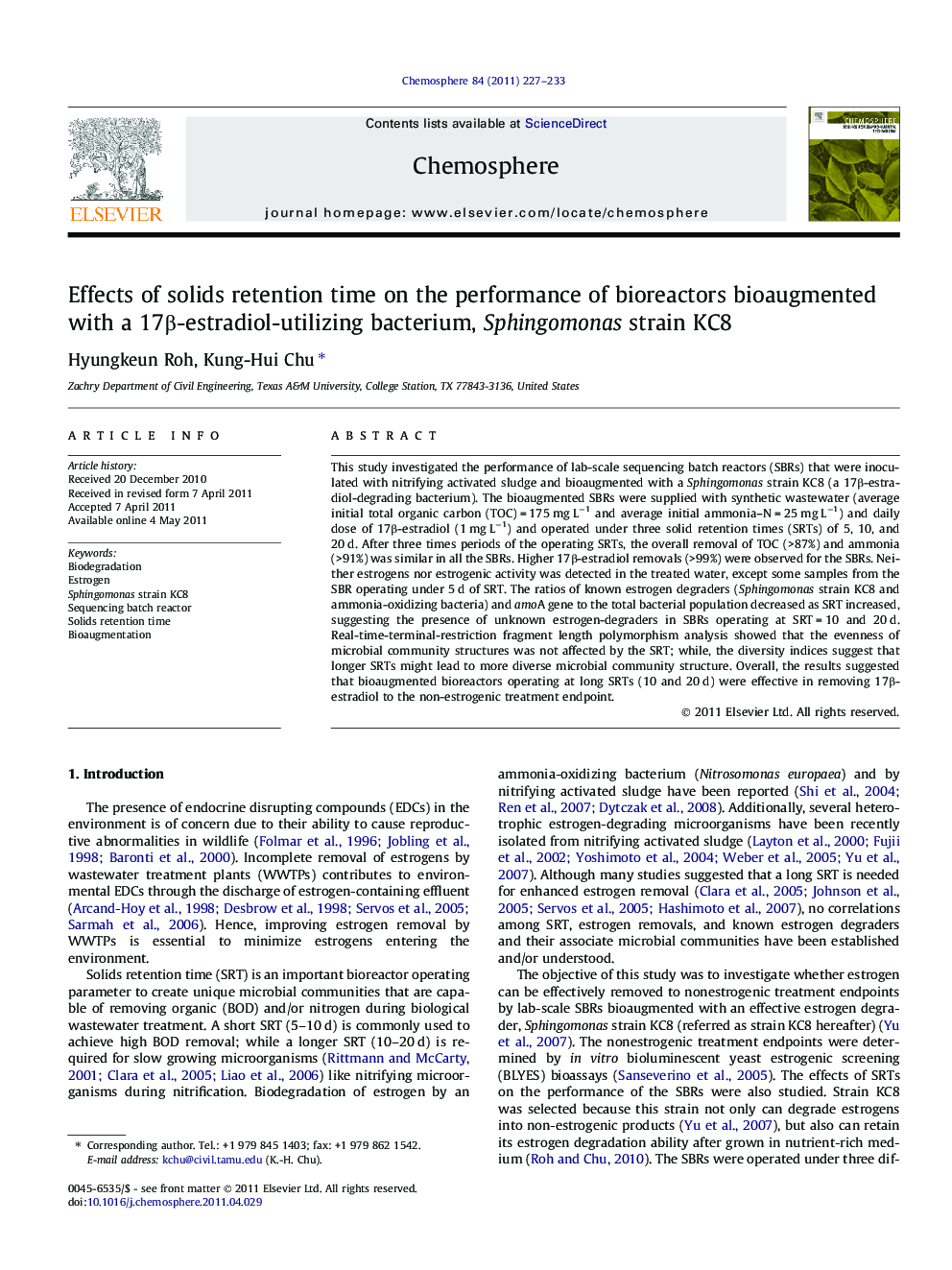 Effects of solids retention time on the performance of bioreactors bioaugmented with a 17β-estradiol-utilizing bacterium, Sphingomonas strain KC8