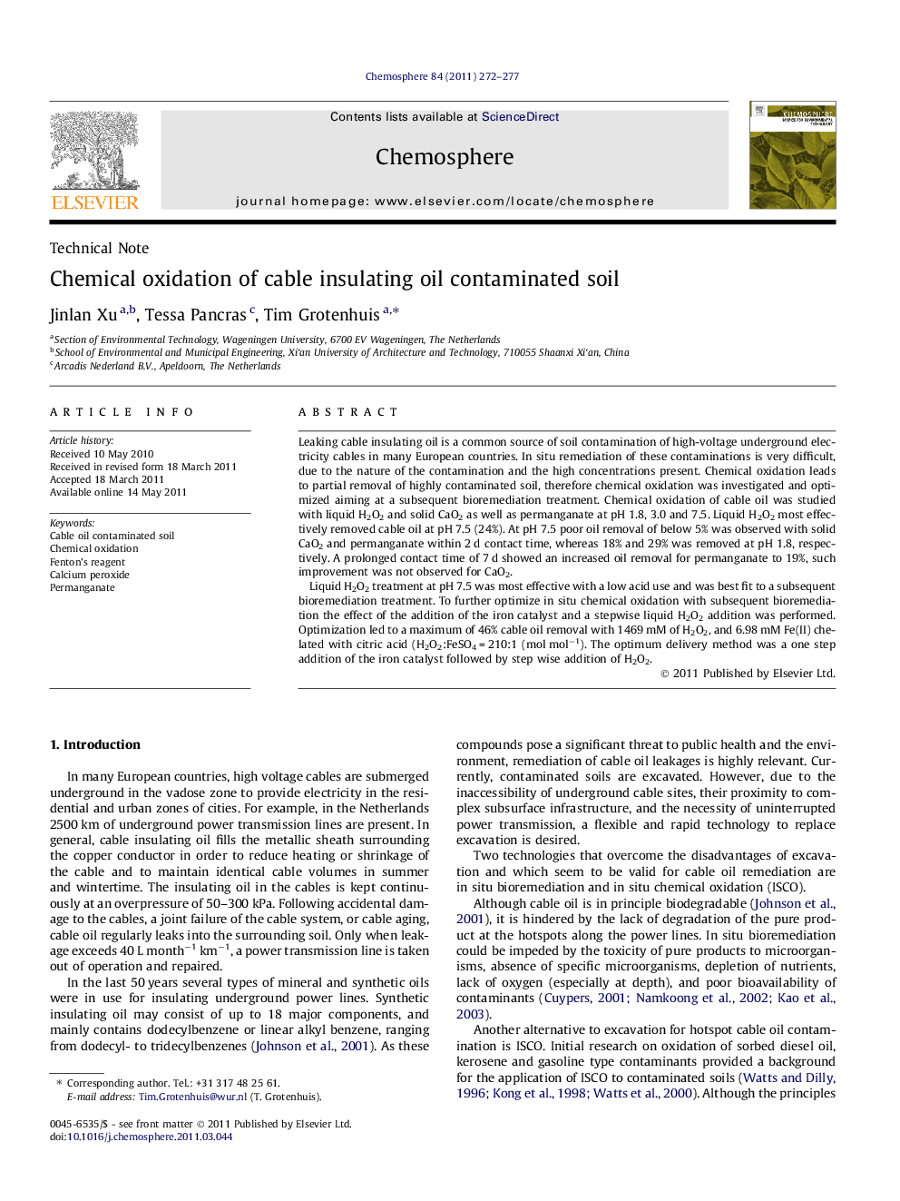 Chemical oxidation of cable insulating oil contaminated soil