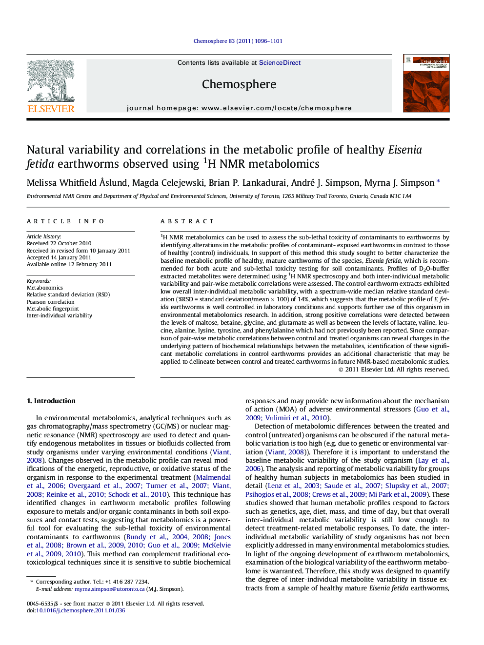 Natural variability and correlations in the metabolic profile of healthy Eisenia fetida earthworms observed using 1H NMR metabolomics