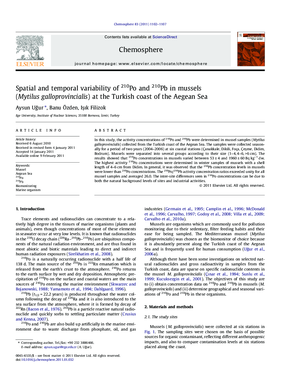 Spatial and temporal variability of 210Po and 210Pb in mussels (Mytilus galloprovincialis) at the Turkish coast of the Aegean Sea