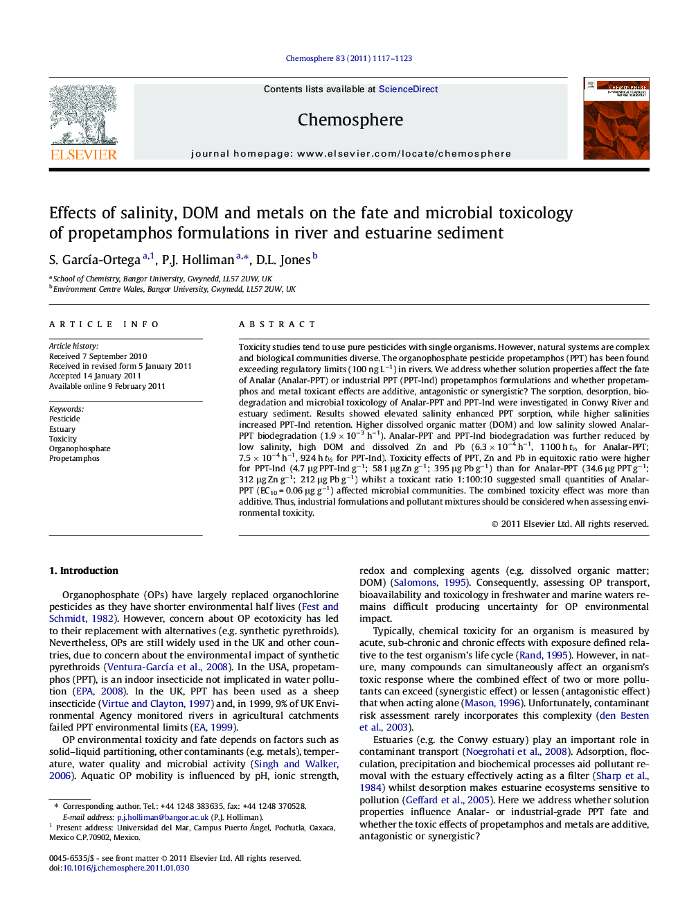 Effects of salinity, DOM and metals on the fate and microbial toxicology of propetamphos formulations in river and estuarine sediment