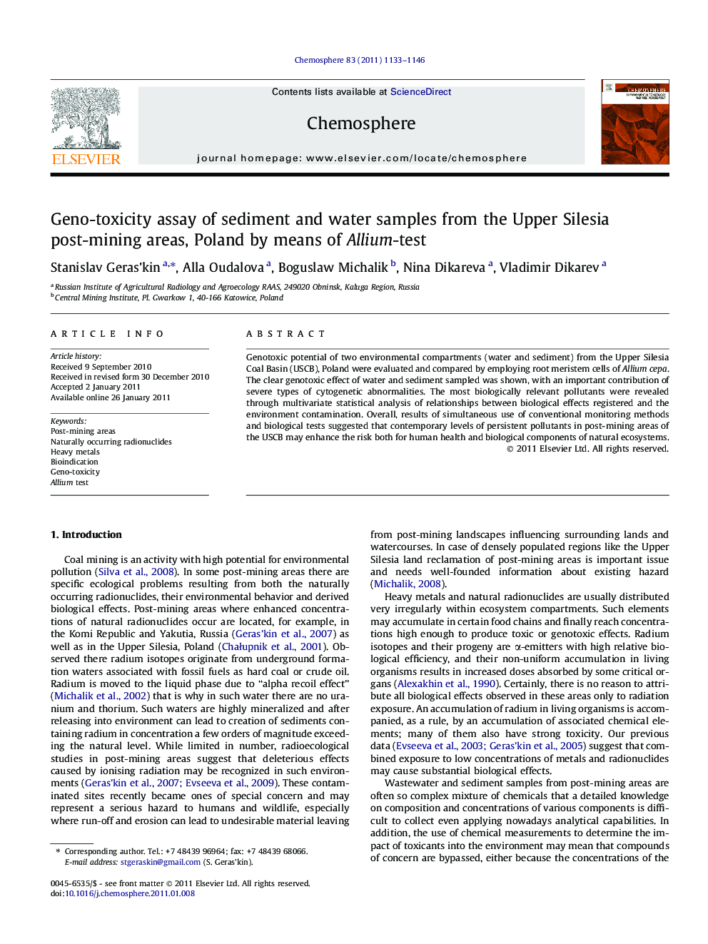 Geno-toxicity assay of sediment and water samples from the Upper Silesia post-mining areas, Poland by means of Allium-test