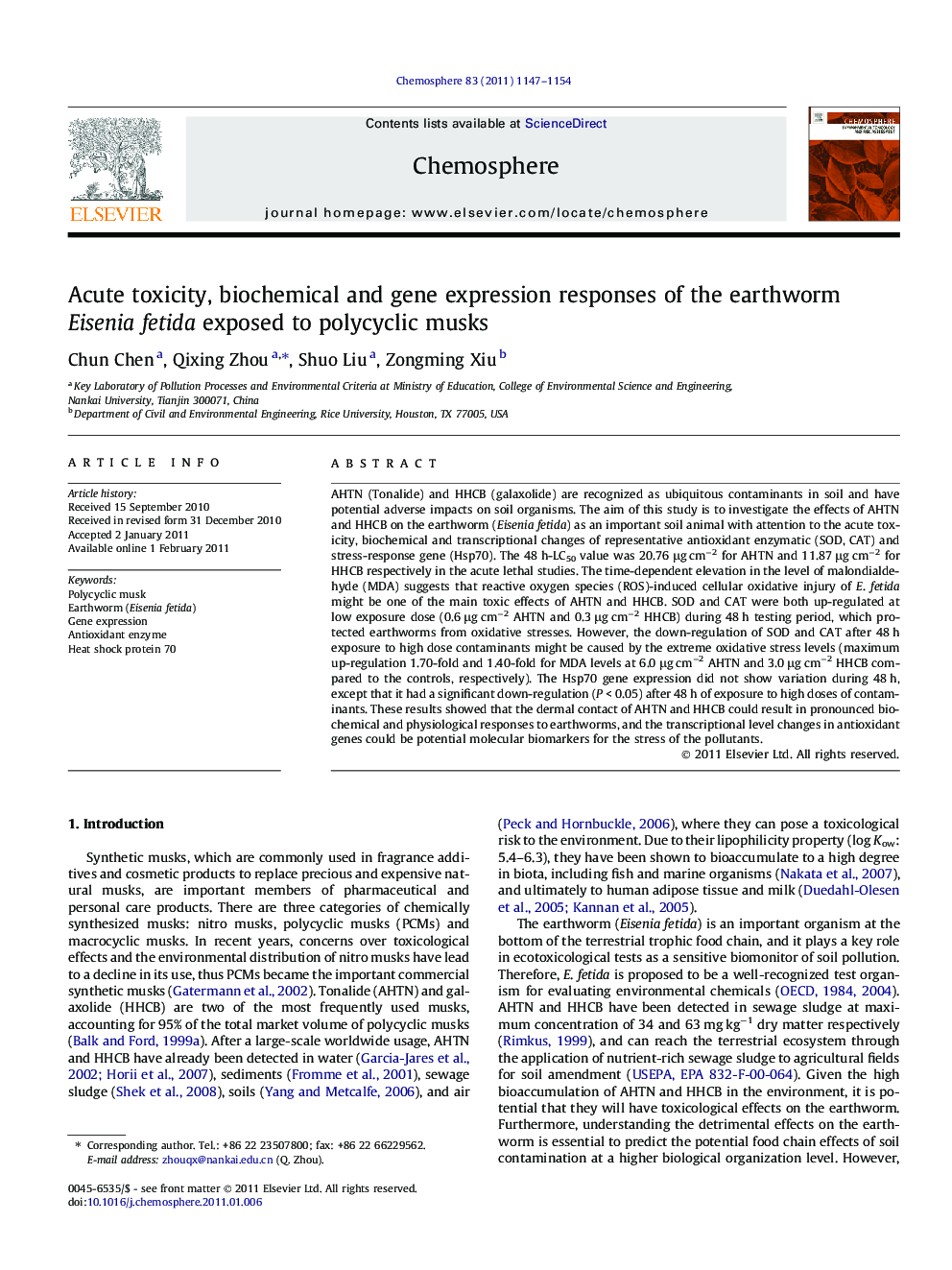 Acute toxicity, biochemical and gene expression responses of the earthworm Eisenia fetida exposed to polycyclic musks