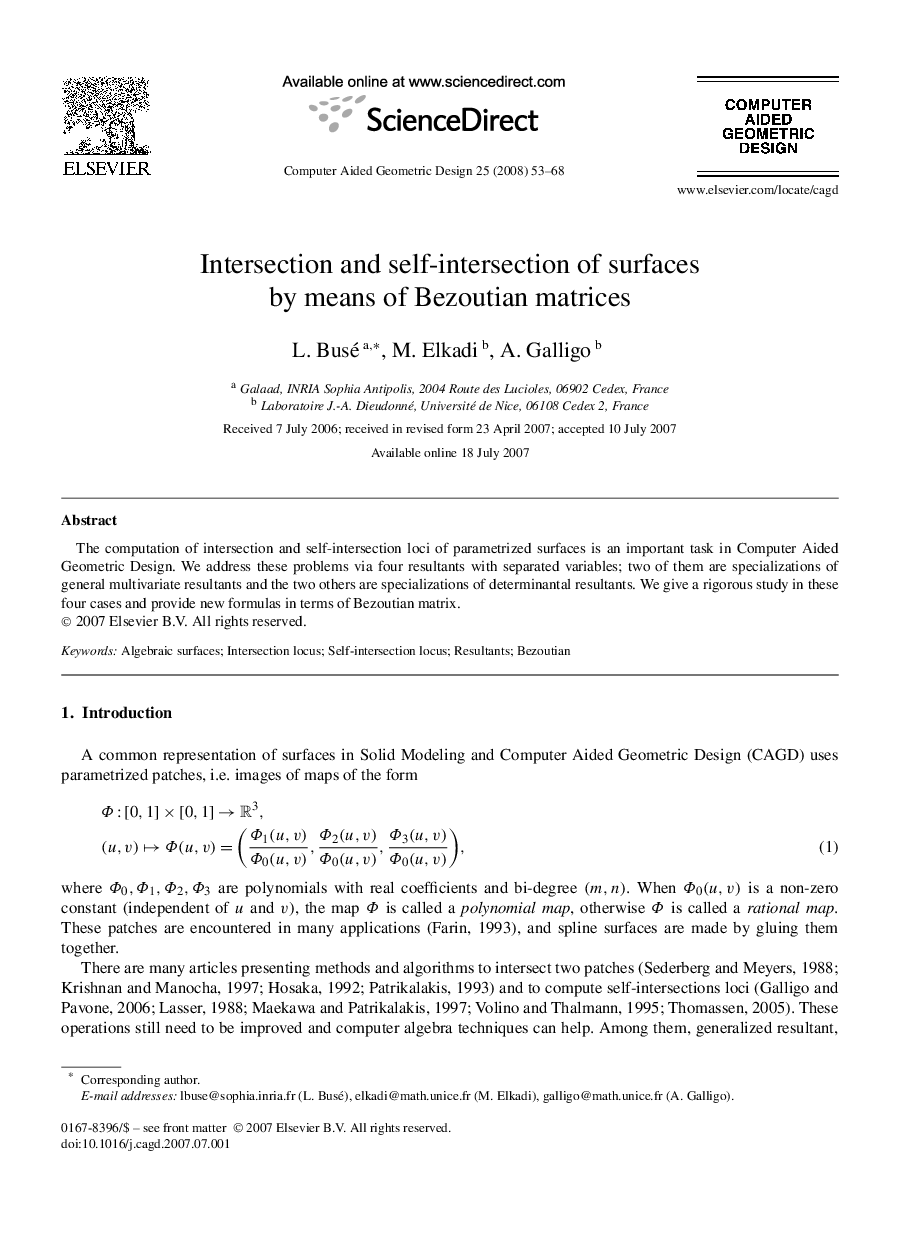 Intersection and self-intersection of surfaces by means of Bezoutian matrices