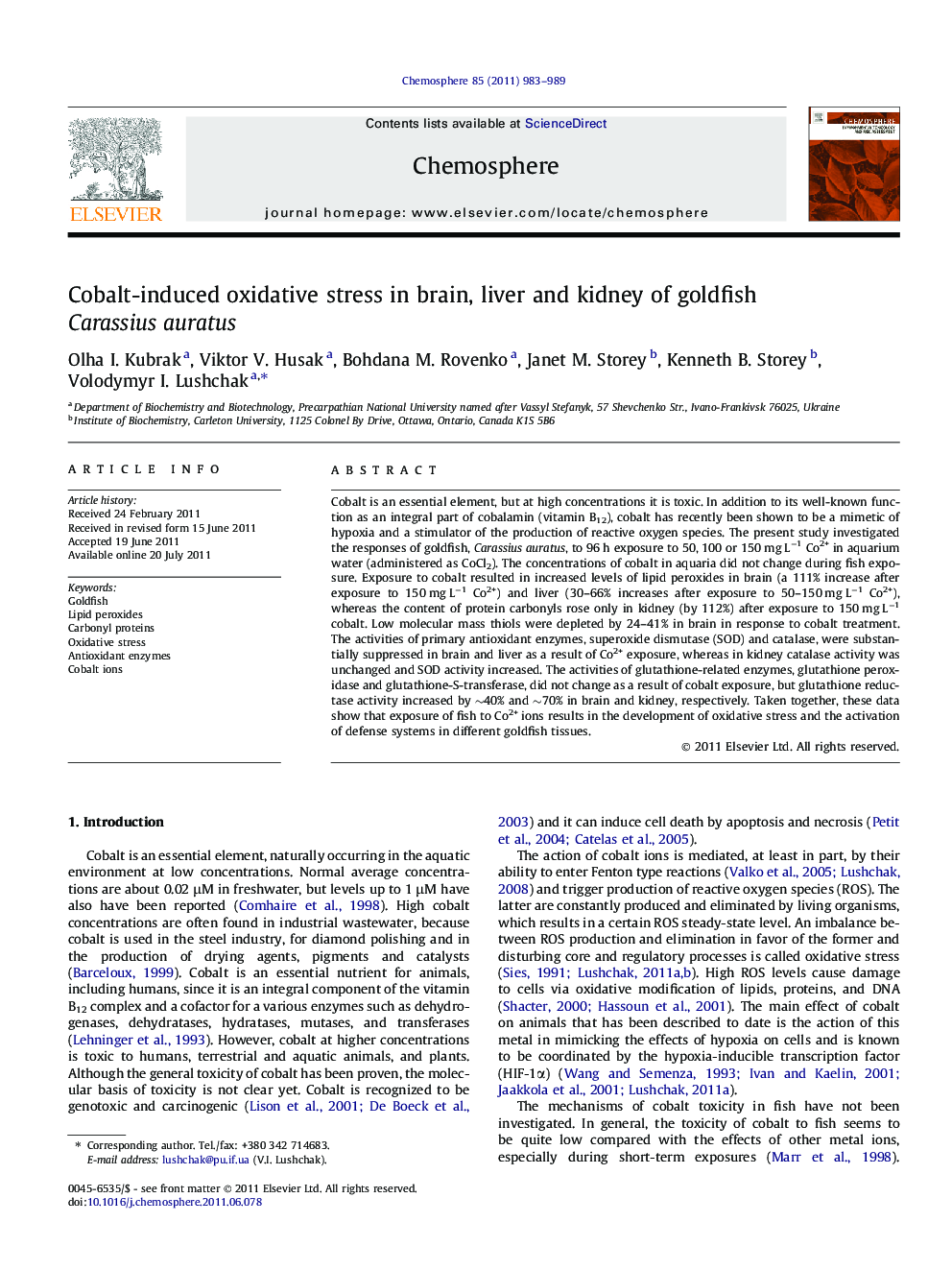 Cobalt-induced oxidative stress in brain, liver and kidney of goldfish Carassius auratus