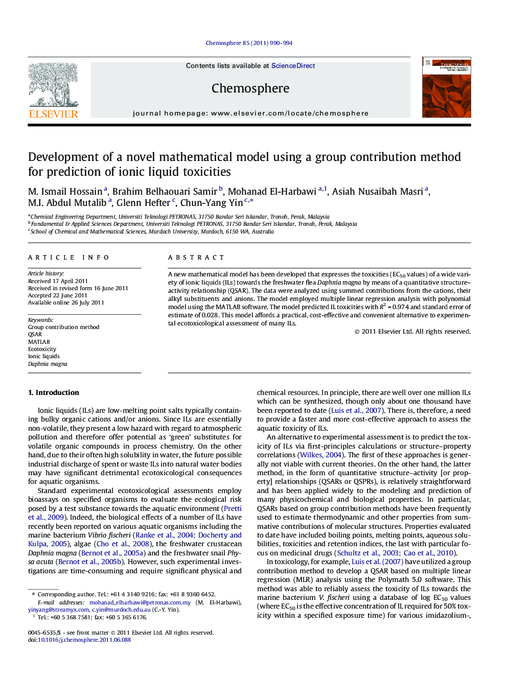 Development of a novel mathematical model using a group contribution method for prediction of ionic liquid toxicities