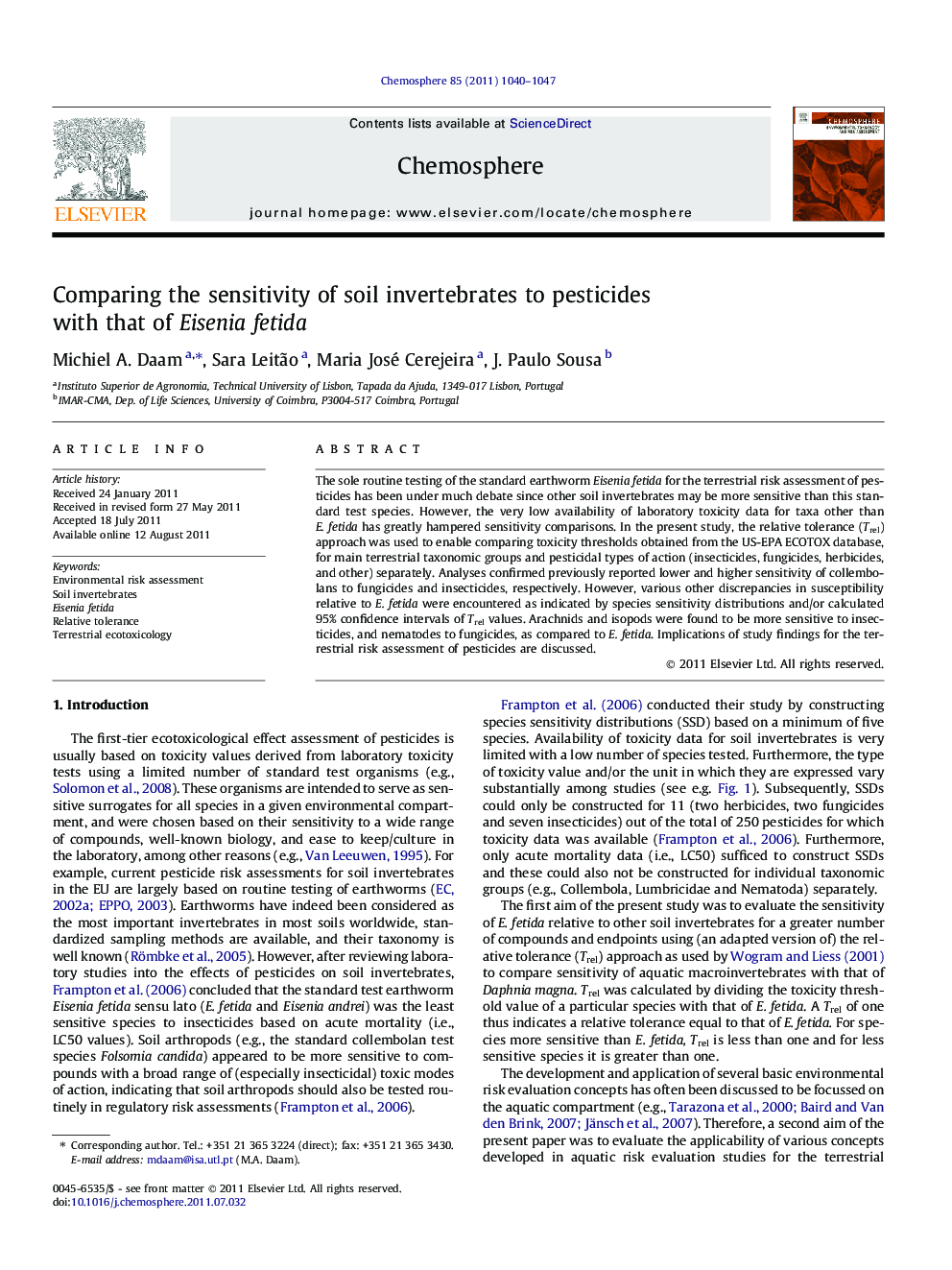 Comparing the sensitivity of soil invertebrates to pesticides with that of Eisenia fetida