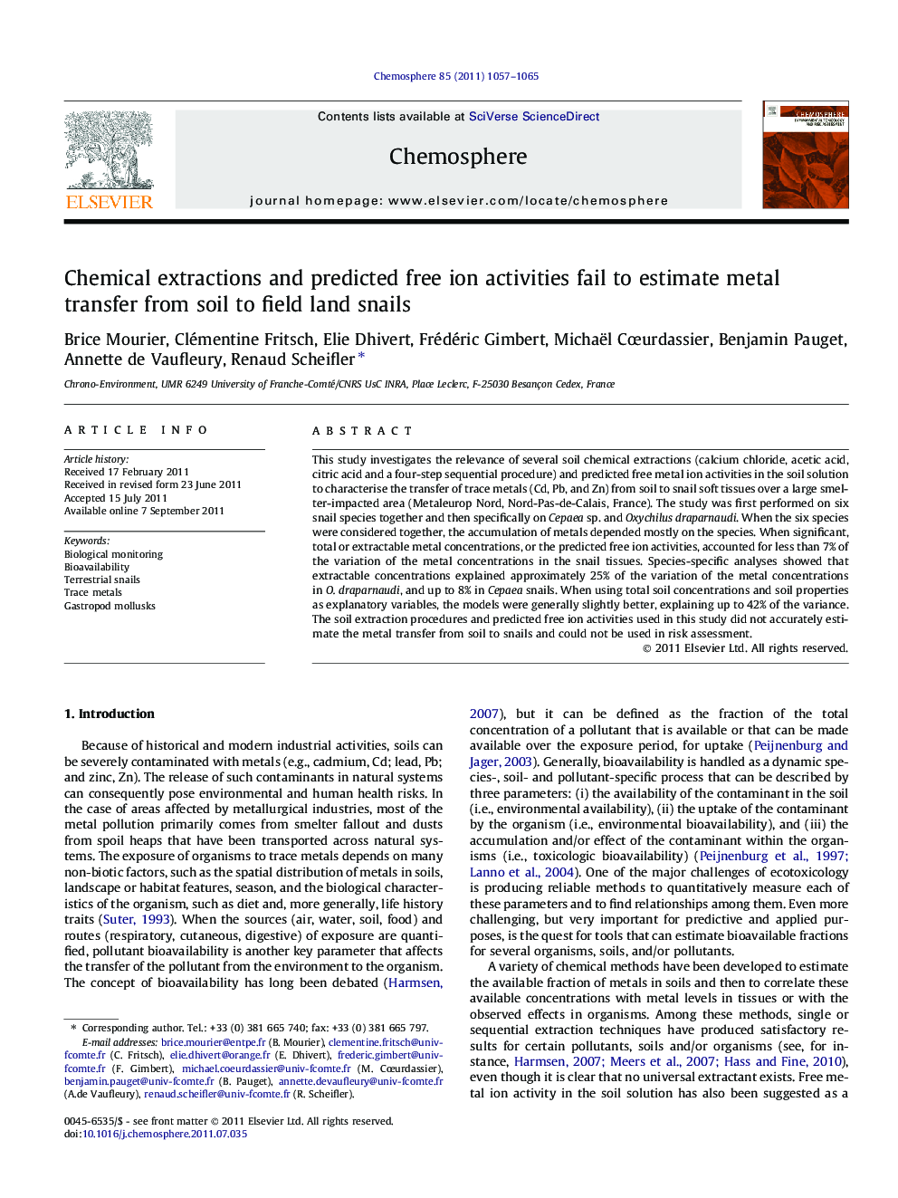 Chemical extractions and predicted free ion activities fail to estimate metal transfer from soil to field land snails