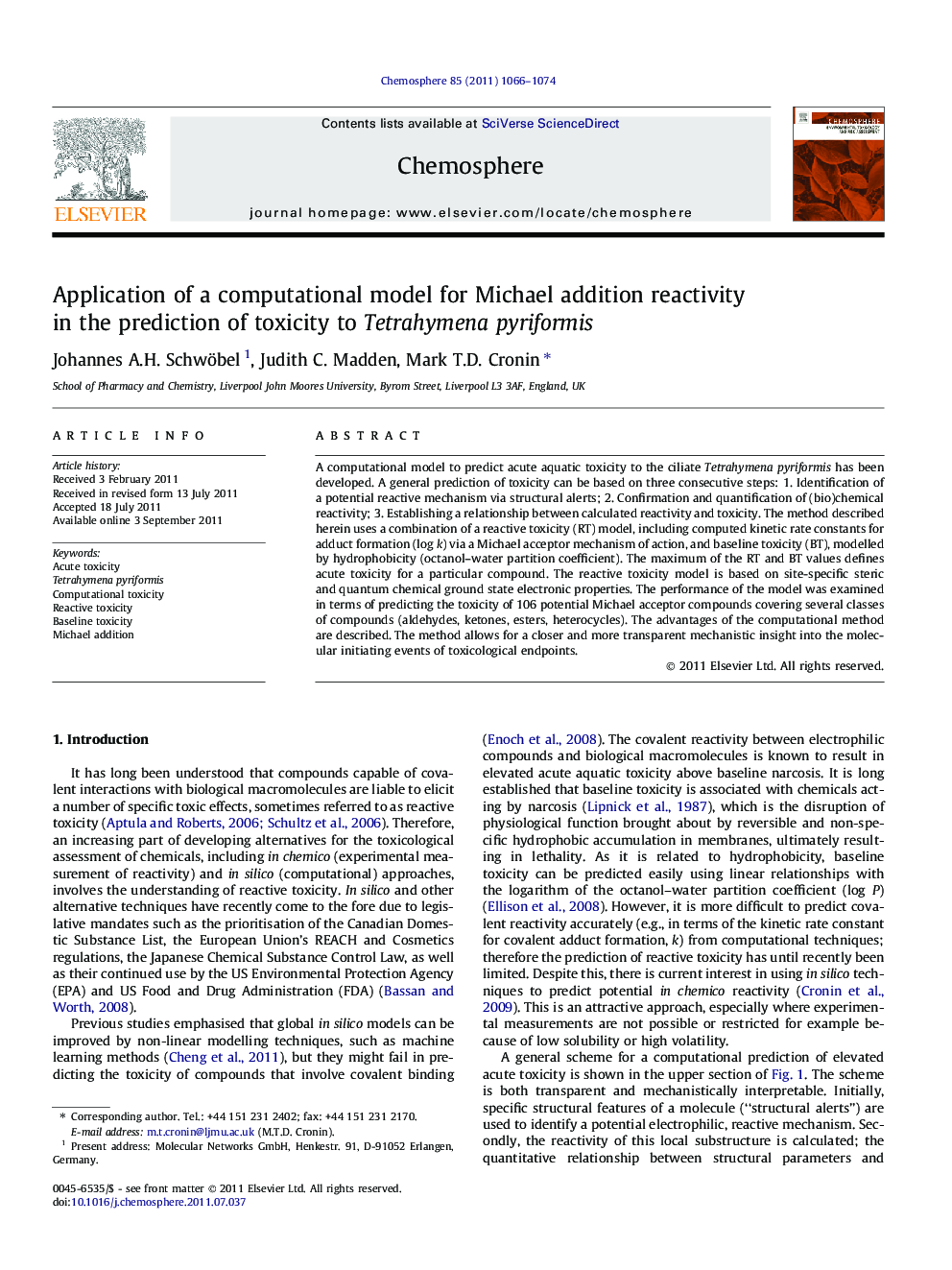 Application of a computational model for Michael addition reactivity in the prediction of toxicity to Tetrahymena pyriformis