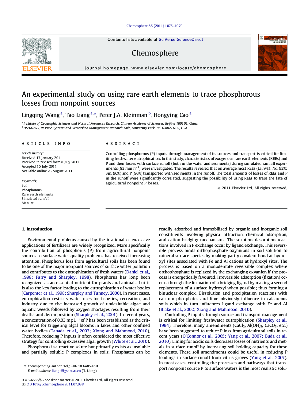 An experimental study on using rare earth elements to trace phosphorous losses from nonpoint sources