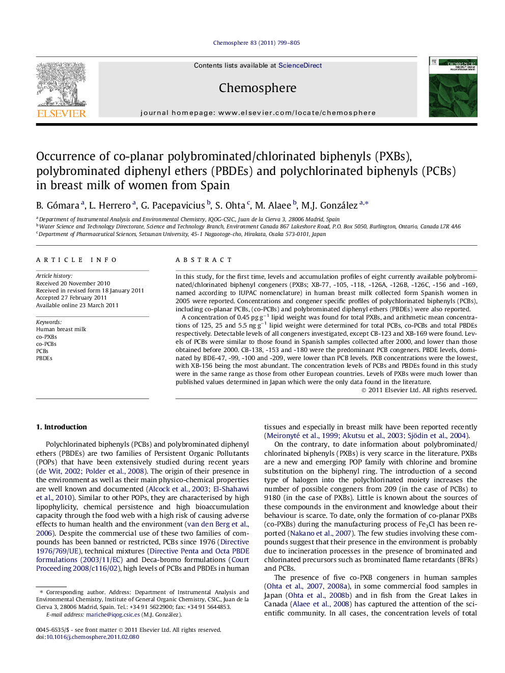 Occurrence of co-planar polybrominated/chlorinated biphenyls (PXBs), polybrominated diphenyl ethers (PBDEs) and polychlorinated biphenyls (PCBs) in breast milk of women from Spain