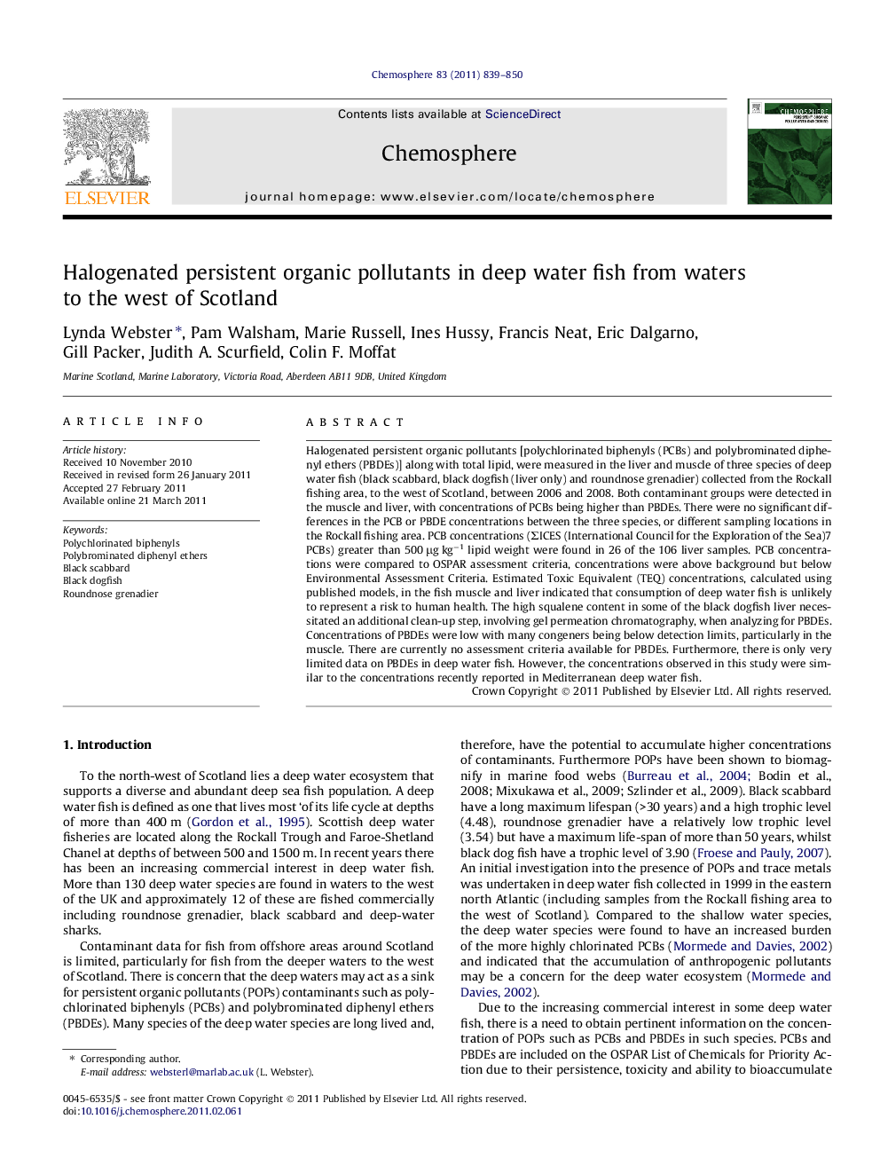 Halogenated persistent organic pollutants in deep water fish from waters to the west of Scotland