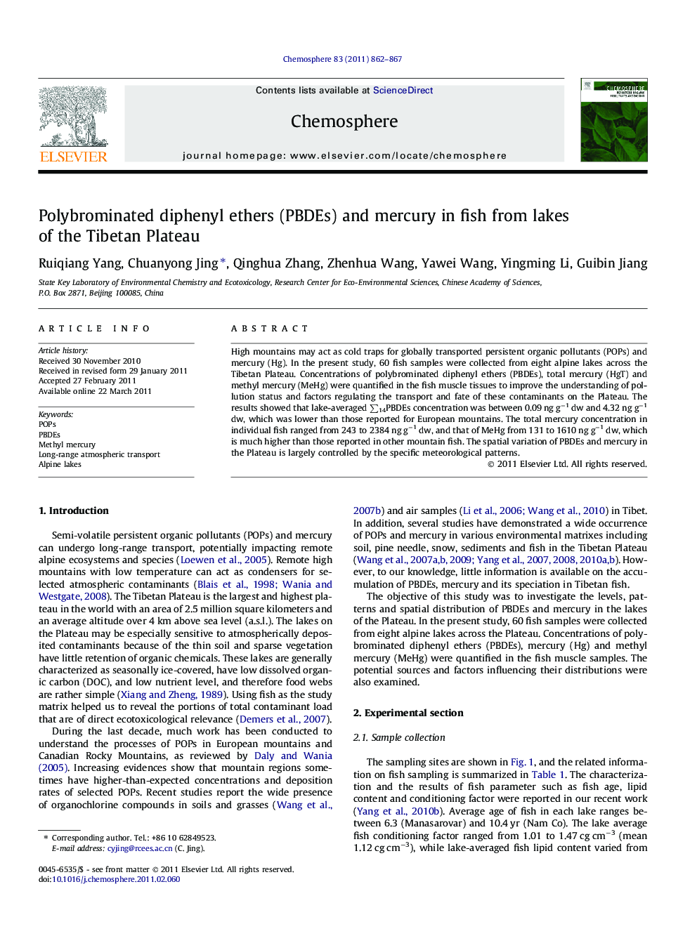 Polybrominated diphenyl ethers (PBDEs) and mercury in fish from lakes of the Tibetan Plateau