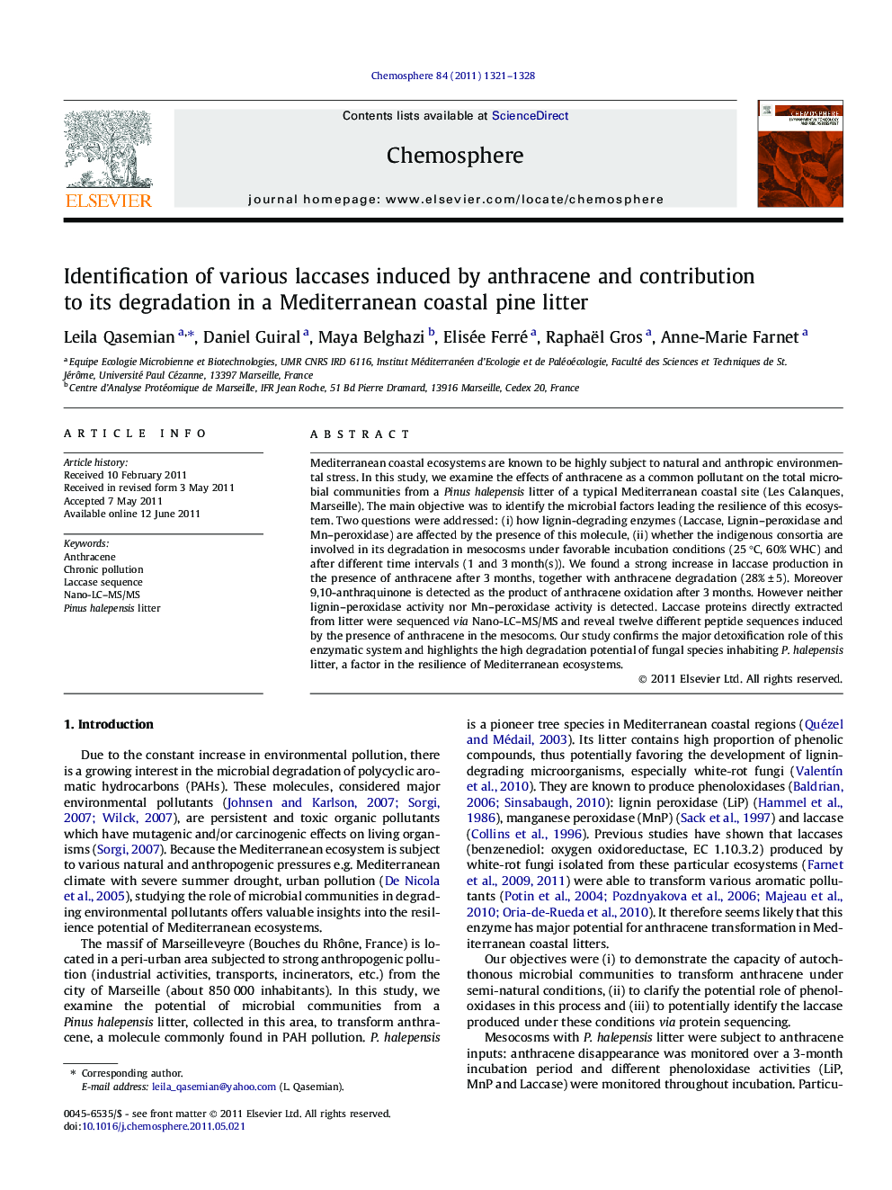 Identification of various laccases induced by anthracene and contribution to its degradation in a Mediterranean coastal pine litter