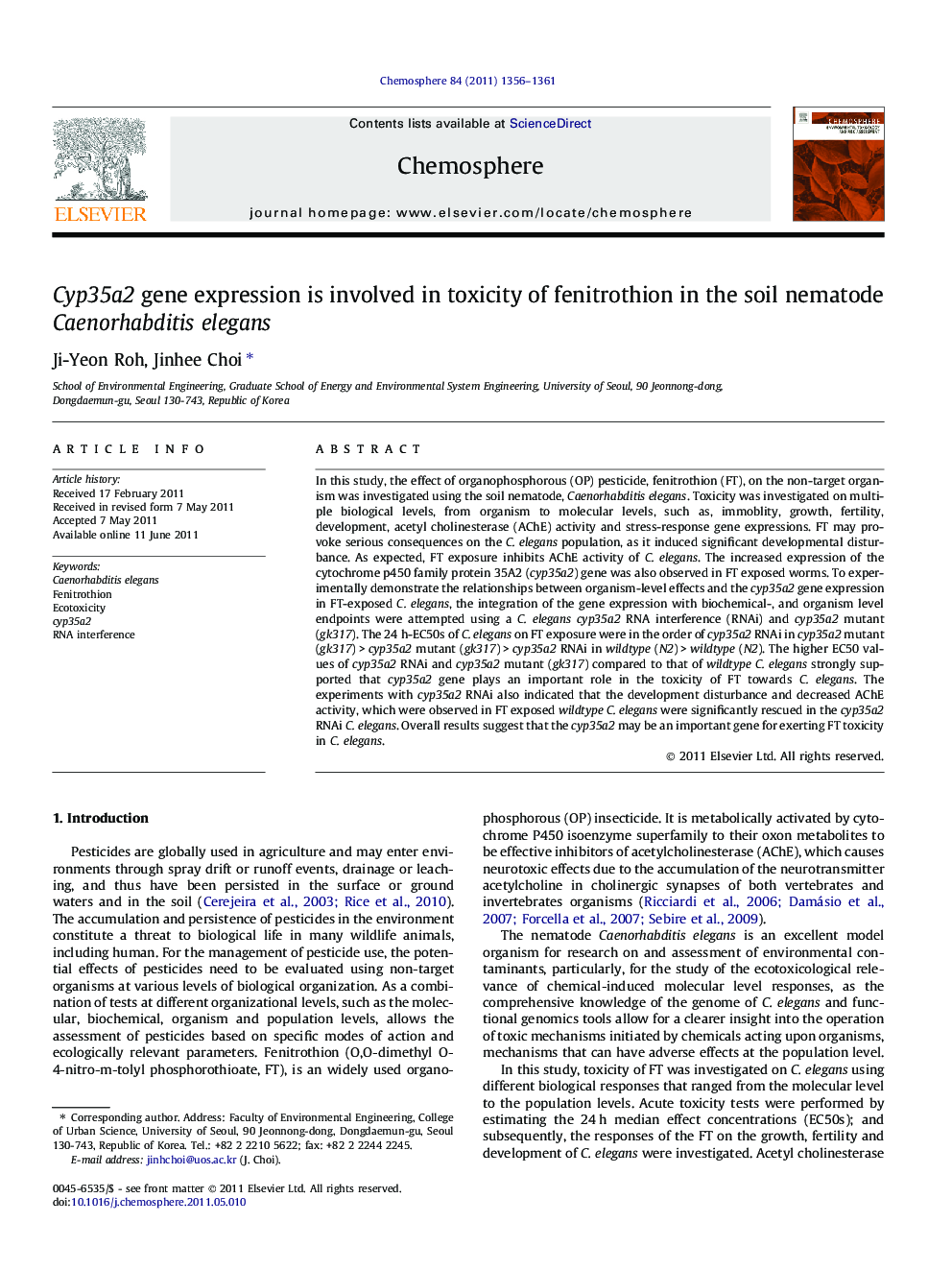 Cyp35a2 gene expression is involved in toxicity of fenitrothion in the soil nematode Caenorhabditis elegans