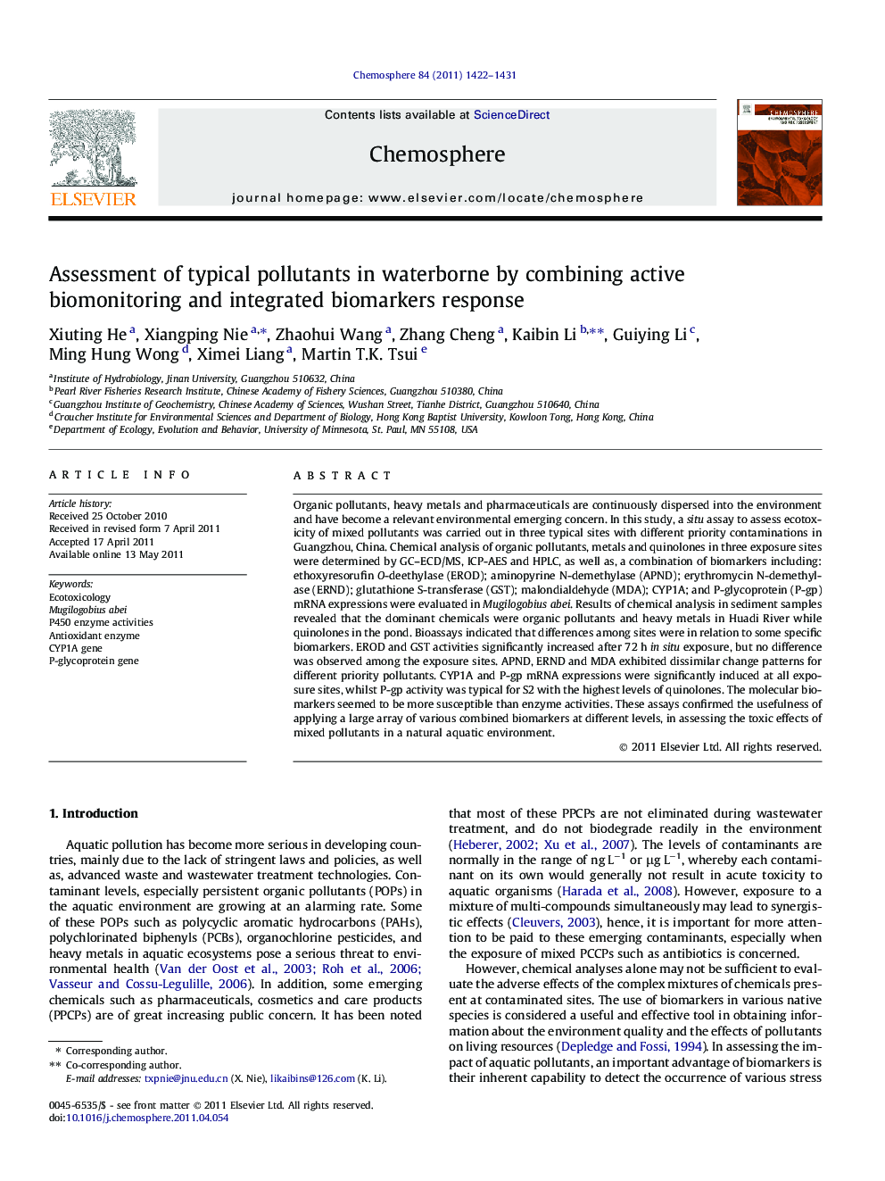 Assessment of typical pollutants in waterborne by combining active biomonitoring and integrated biomarkers response