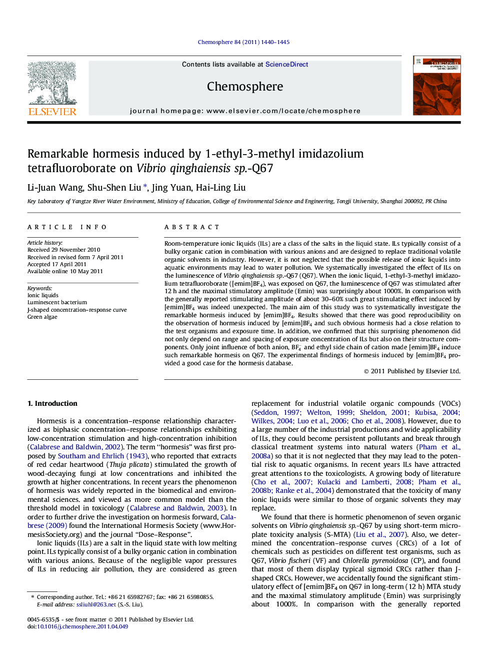 Remarkable hormesis induced by 1-ethyl-3-methyl imidazolium tetrafluoroborate on Vibrio qinghaiensis sp.-Q67