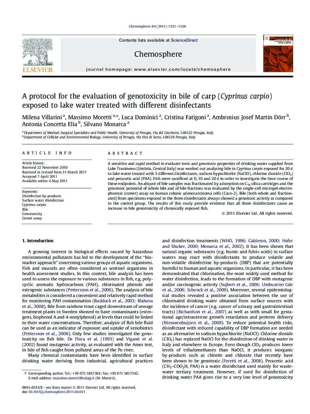 A protocol for the evaluation of genotoxicity in bile of carp (Cyprinus carpio) exposed to lake water treated with different disinfectants