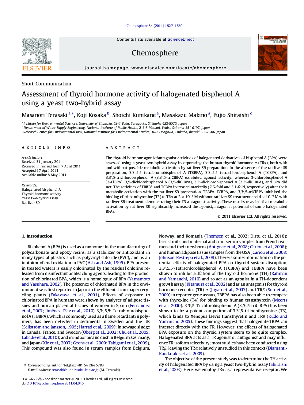 Assessment of thyroid hormone activity of halogenated bisphenol A using a yeast two-hybrid assay