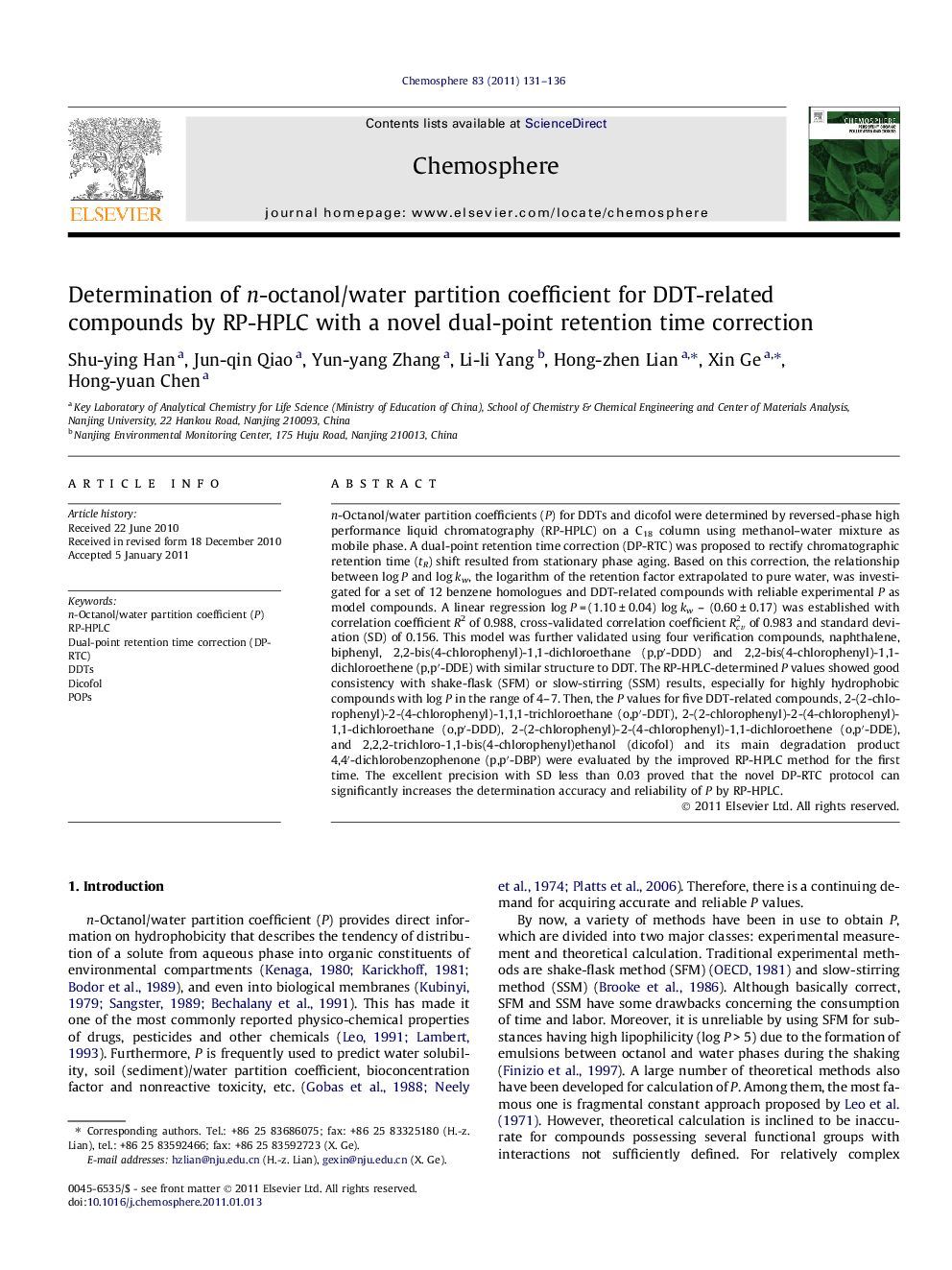 Determination of n-octanol/water partition coefficient for DDT-related compounds by RP-HPLC with a novel dual-point retention time correction