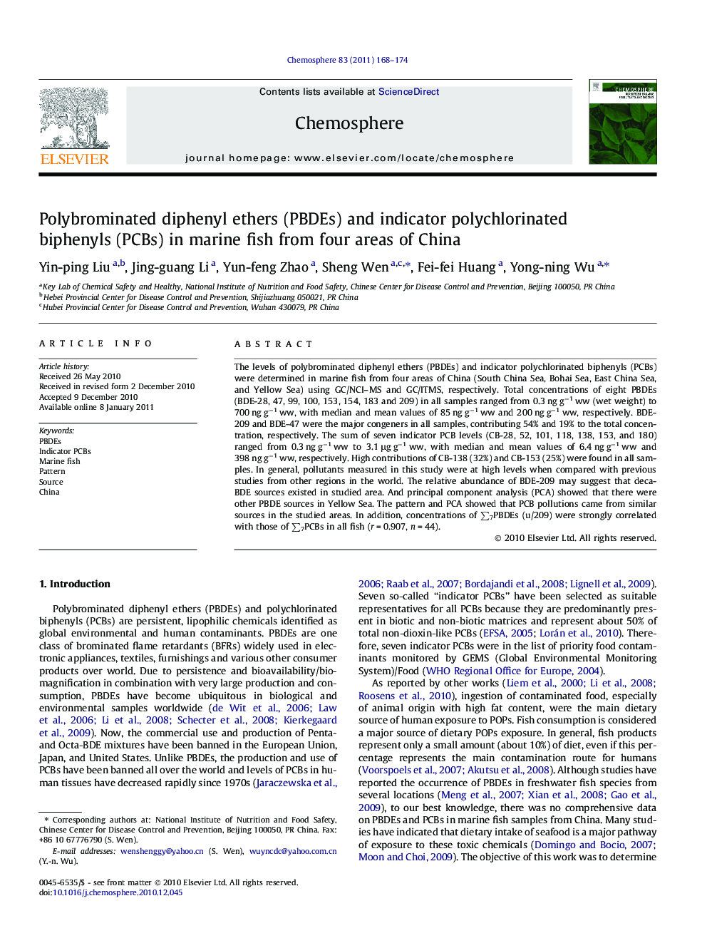 Polybrominated diphenyl ethers (PBDEs) and indicator polychlorinated biphenyls (PCBs) in marine fish from four areas of China