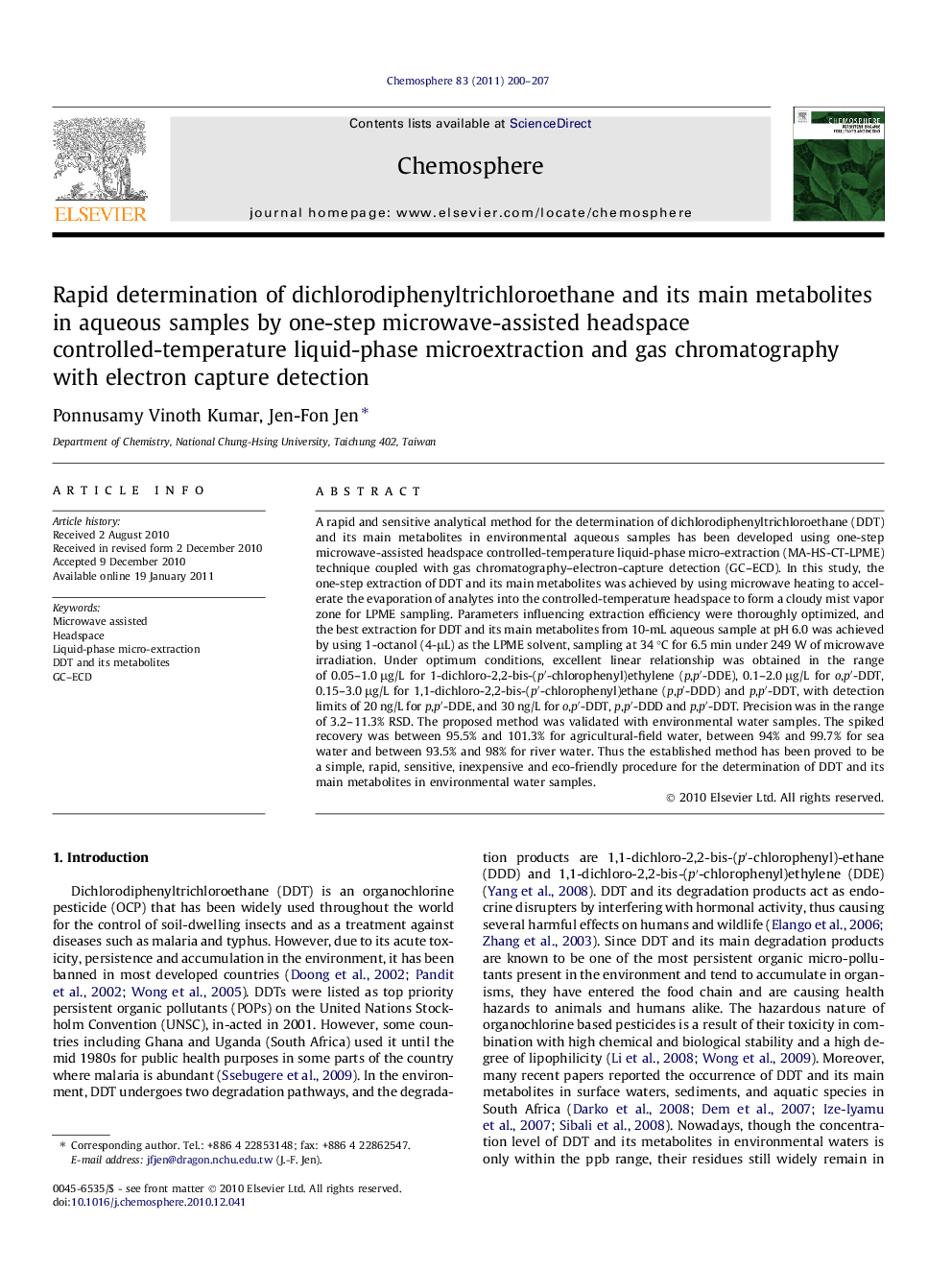 Rapid determination of dichlorodiphenyltrichloroethane and its main metabolites in aqueous samples by one-step microwave-assisted headspace controlled-temperature liquid-phase microextraction and gas chromatography with electron capture detection