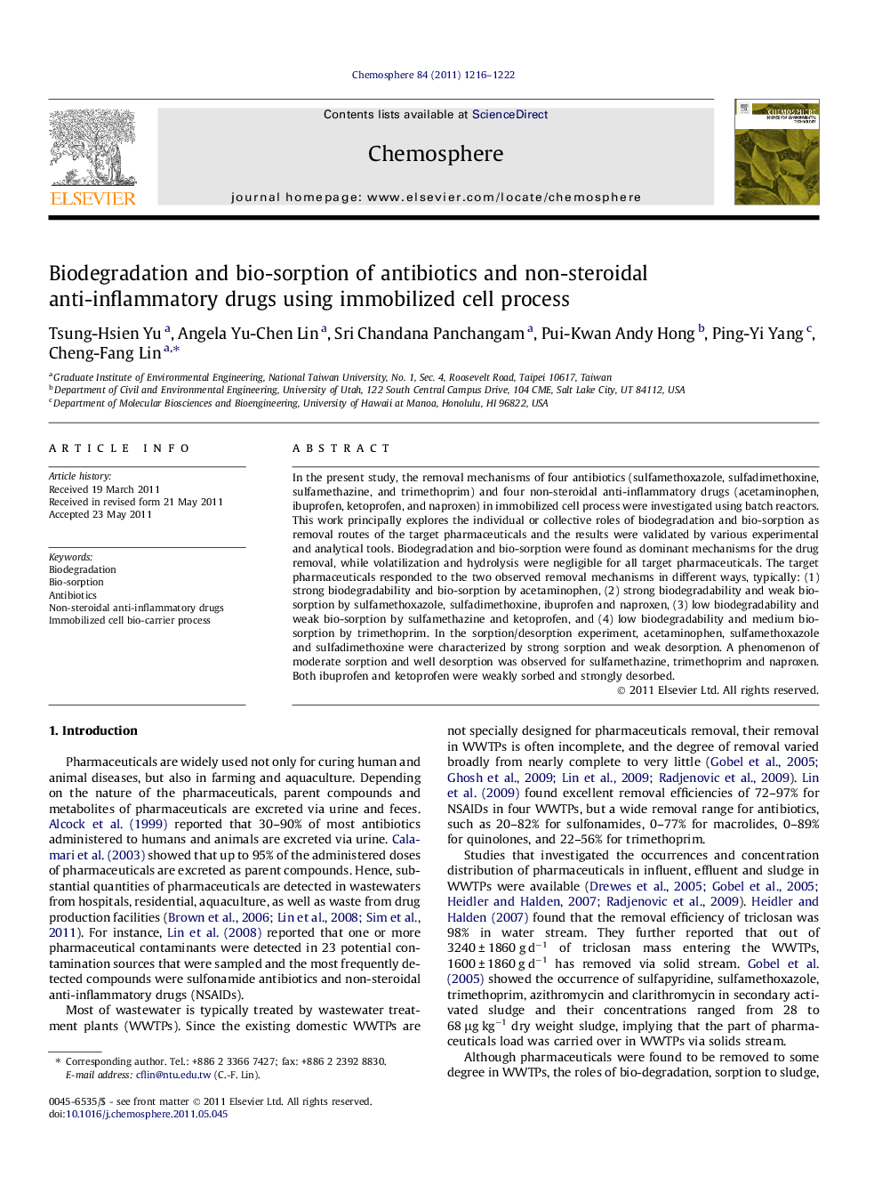 Biodegradation and bio-sorption of antibiotics and non-steroidal anti-inflammatory drugs using immobilized cell process