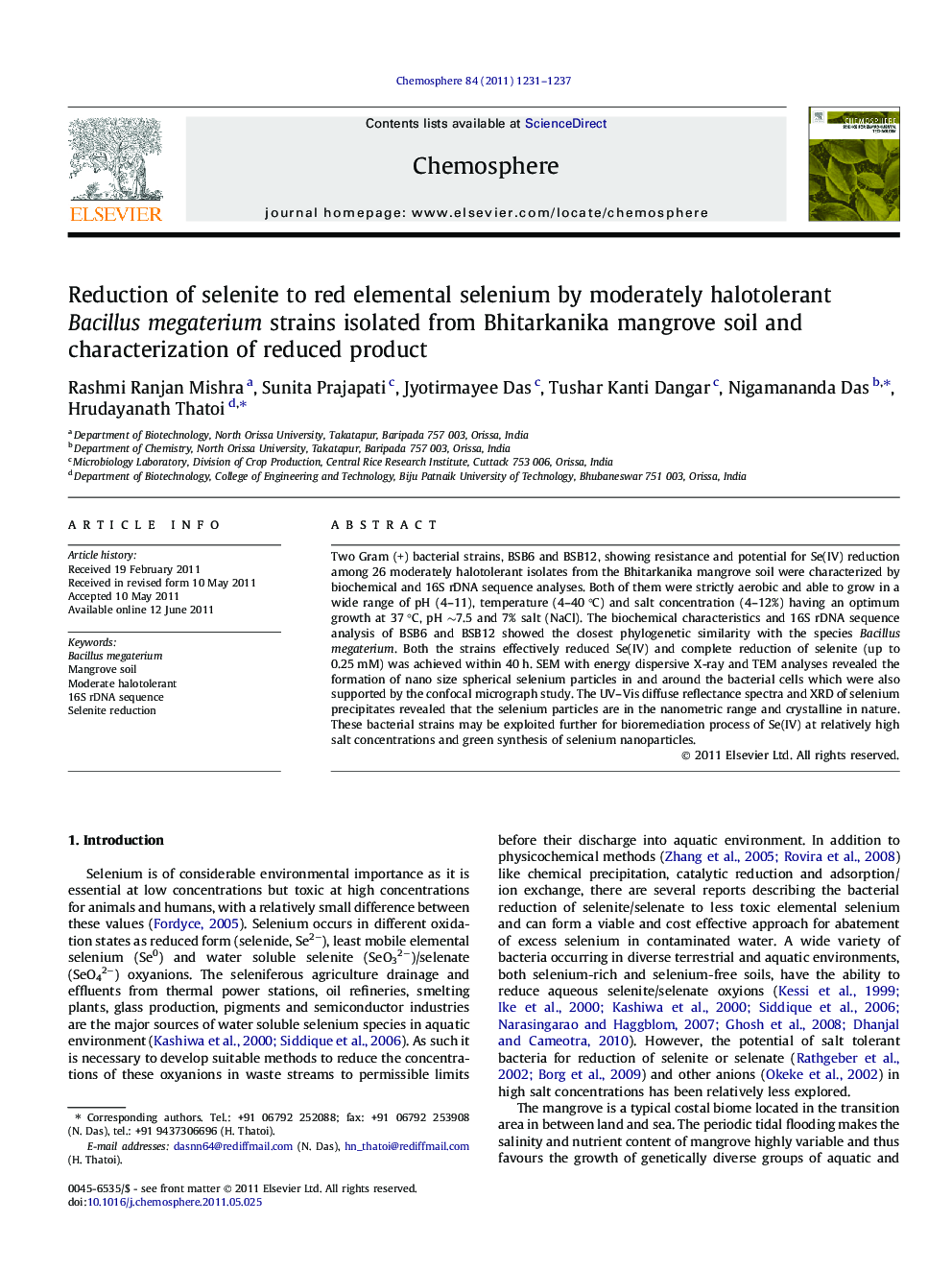 Reduction of selenite to red elemental selenium by moderately halotolerant Bacillus megaterium strains isolated from Bhitarkanika mangrove soil and characterization of reduced product