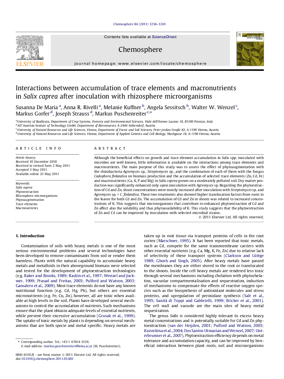 Interactions between accumulation of trace elements and macronutrients in Salix caprea after inoculation with rhizosphere microorganisms