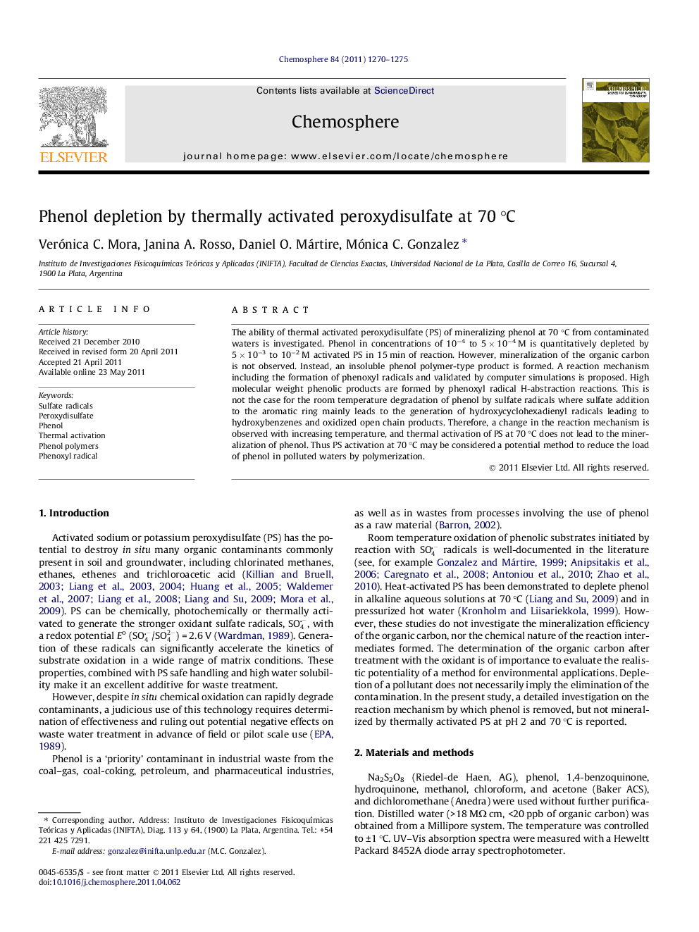 Phenol depletion by thermally activated peroxydisulfate at 70 °C