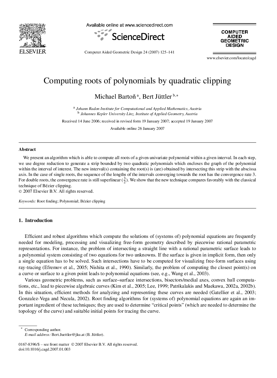 Computing roots of polynomials by quadratic clipping