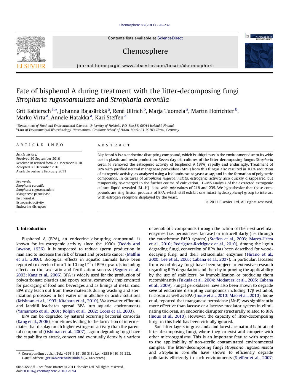 Fate of bisphenol A during treatment with the litter-decomposing fungi Stropharia rugosoannulata and Stropharia coronilla