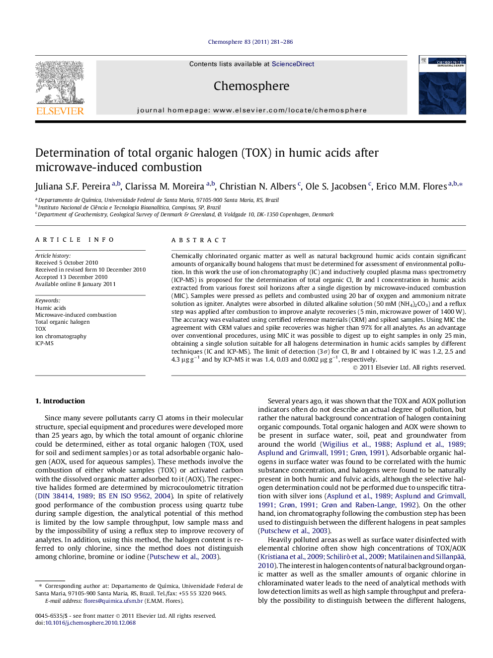 Determination of total organic halogen (TOX) in humic acids after microwave-induced combustion