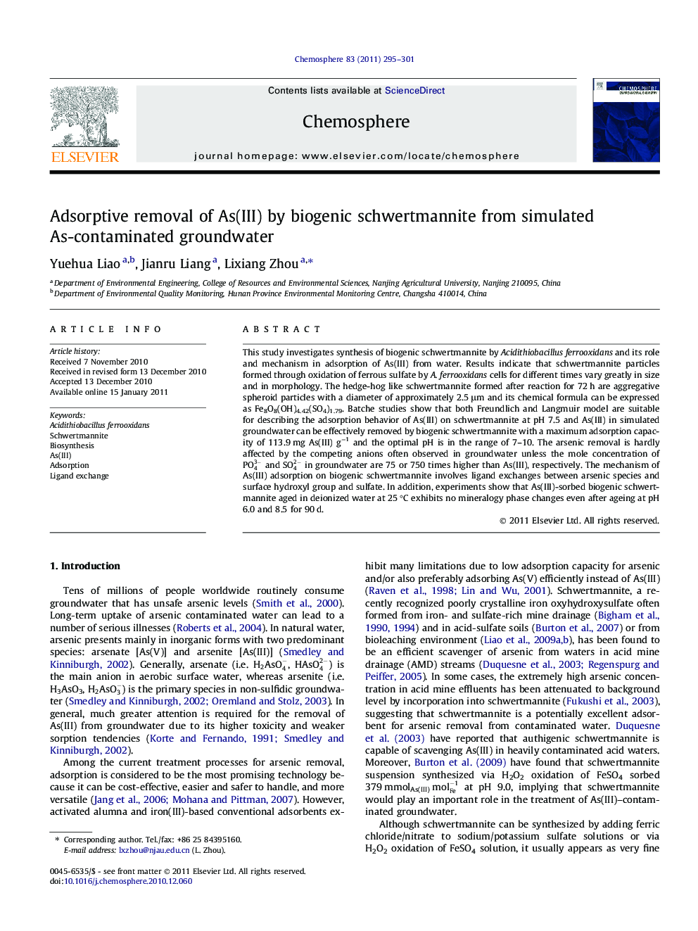 Adsorptive removal of As(III) by biogenic schwertmannite from simulated As-contaminated groundwater