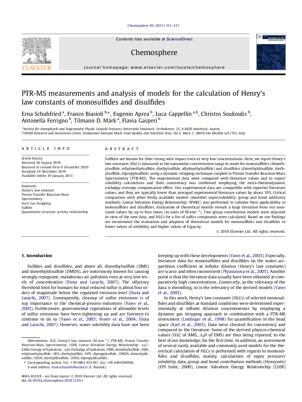 عکس صفحه اول مقاله: PTR-MS measurements and analysis of models for the calculation of Henry’s law constants of monosulfides and disulfides PTR-MS measurements and analysis of models for the calculation of Henry’s law constants of monosulfides and disulfides