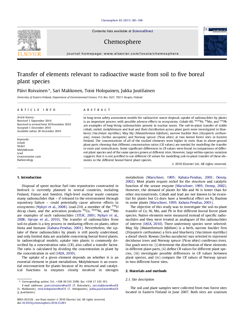 Transfer of elements relevant to radioactive waste from soil to five boreal plant species