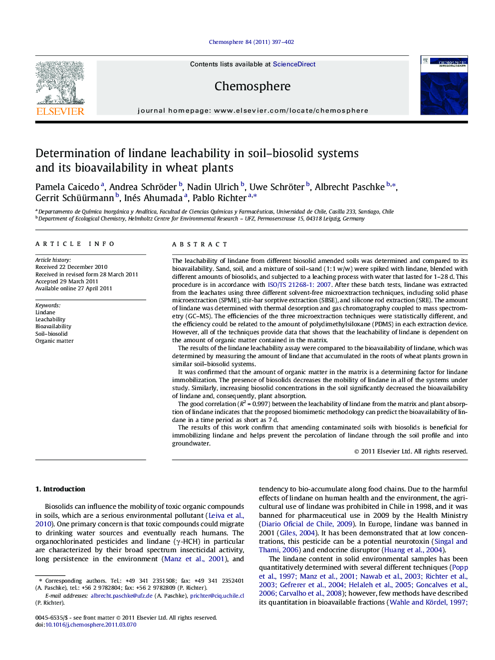 Determination of lindane leachability in soil–biosolid systems and its bioavailability in wheat plants