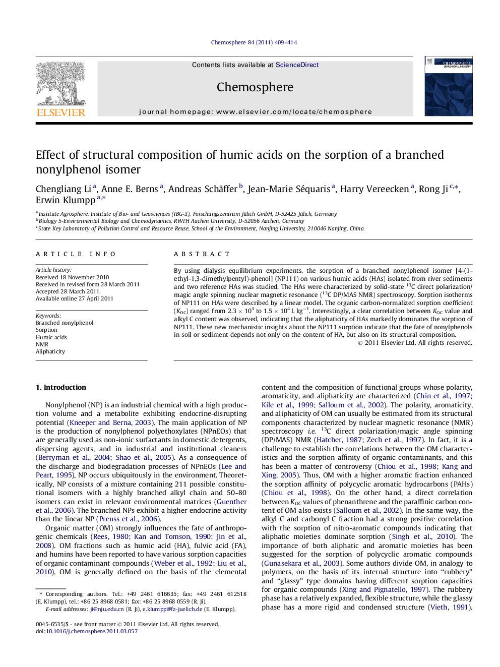 Effect of structural composition of humic acids on the sorption of a branched nonylphenol isomer