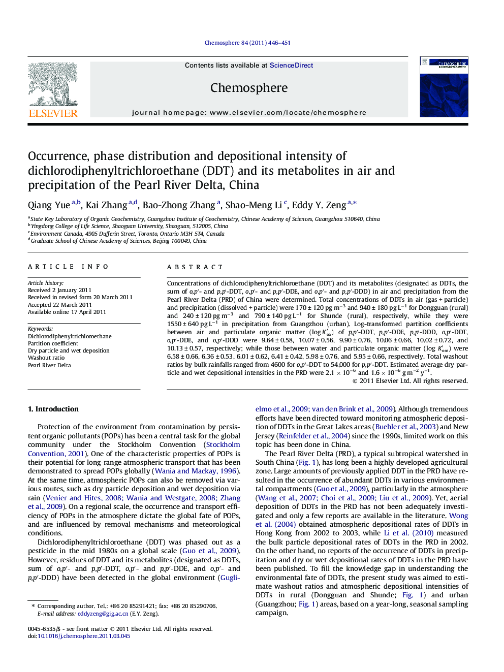 Occurrence, phase distribution and depositional intensity of dichlorodiphenyltrichloroethane (DDT) and its metabolites in air and precipitation of the Pearl River Delta, China