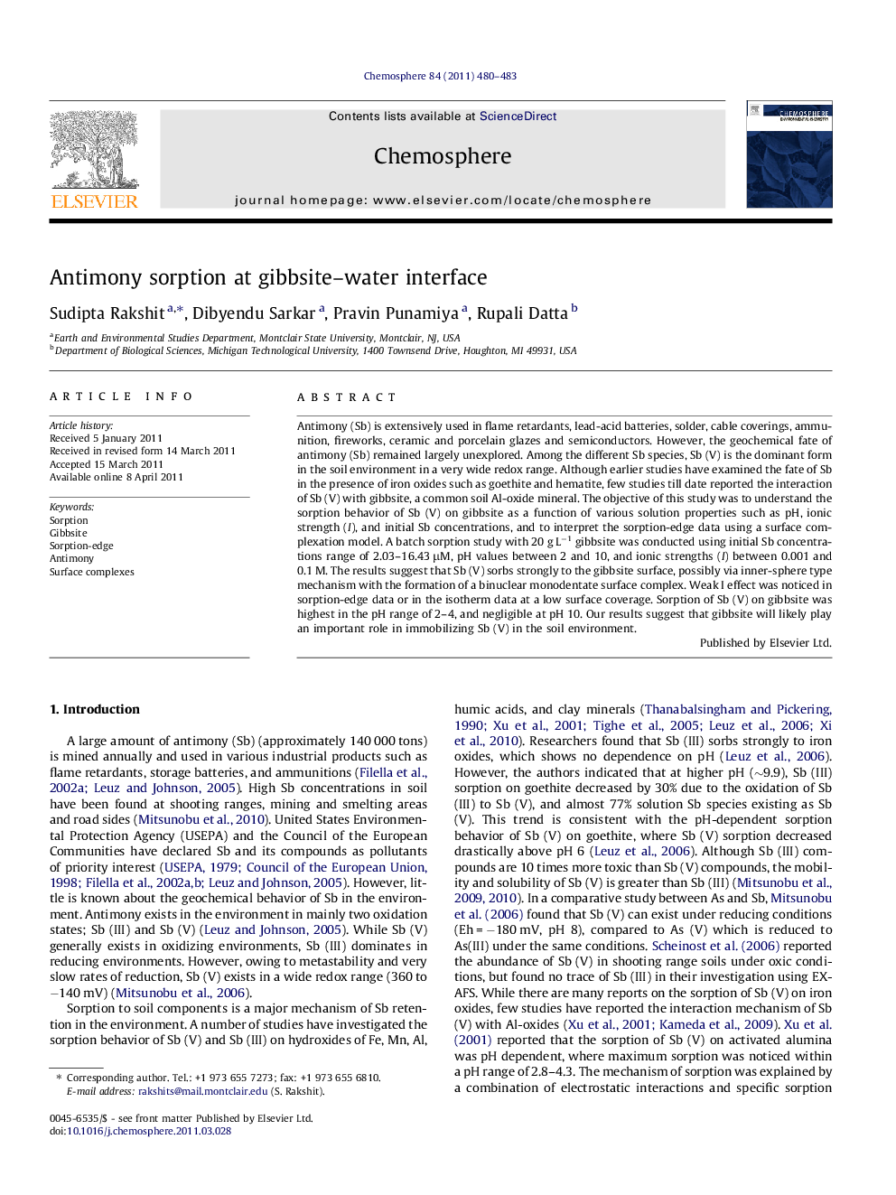 Antimony sorption at gibbsite-water interface