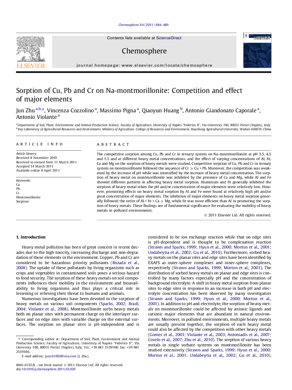 Sorption of Cu, Pb and Cr on Na-montmorillonite: Competition and effect of major elements