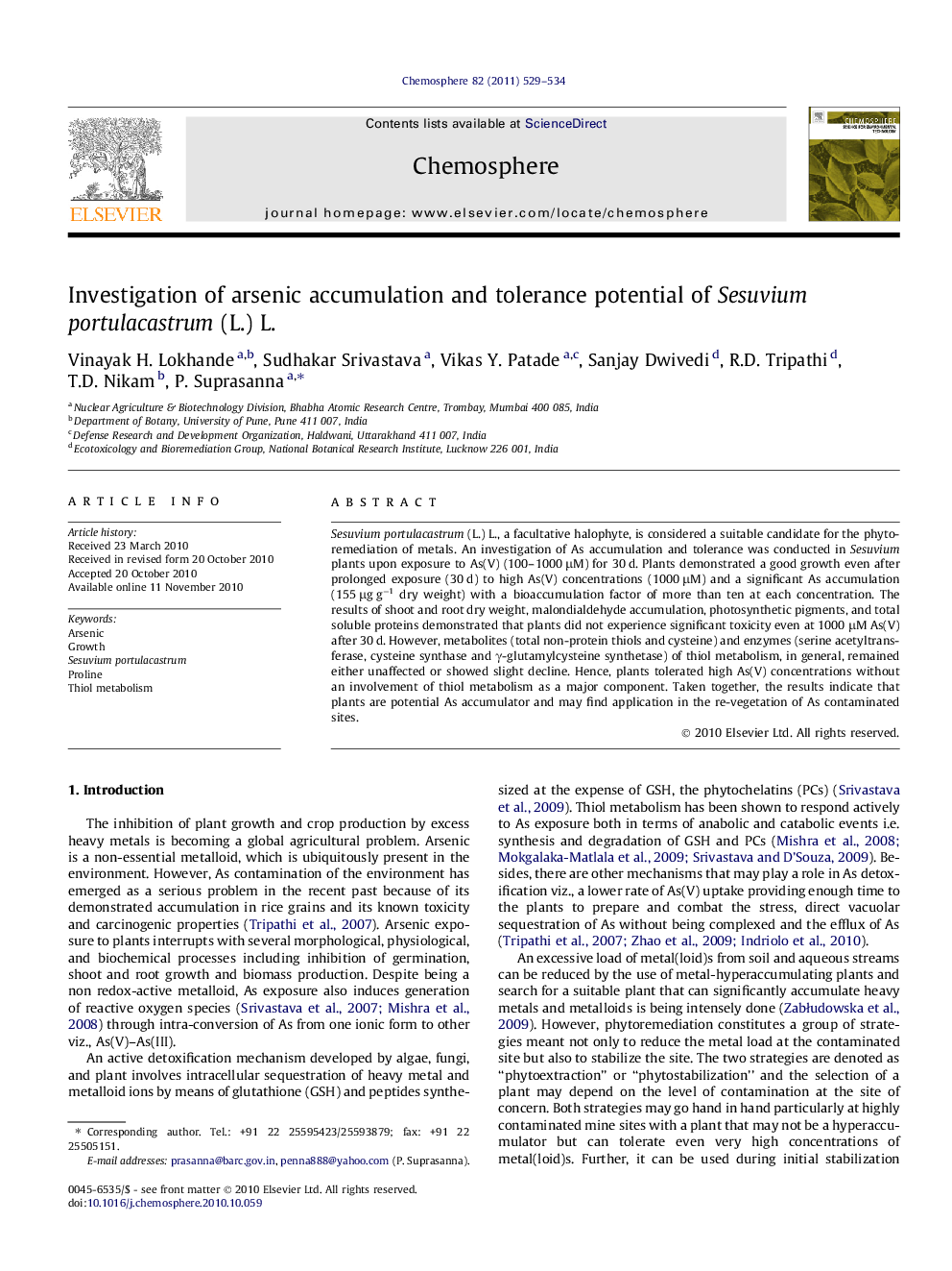 عکس صفحه اول مقاله: Investigation of arsenic accumulation and tolerance potential of Sesuvium portulacastrum (L.) L. Investigation of arsenic accumulation and tolerance potential of Sesuvium portulacastrum (L.) L.