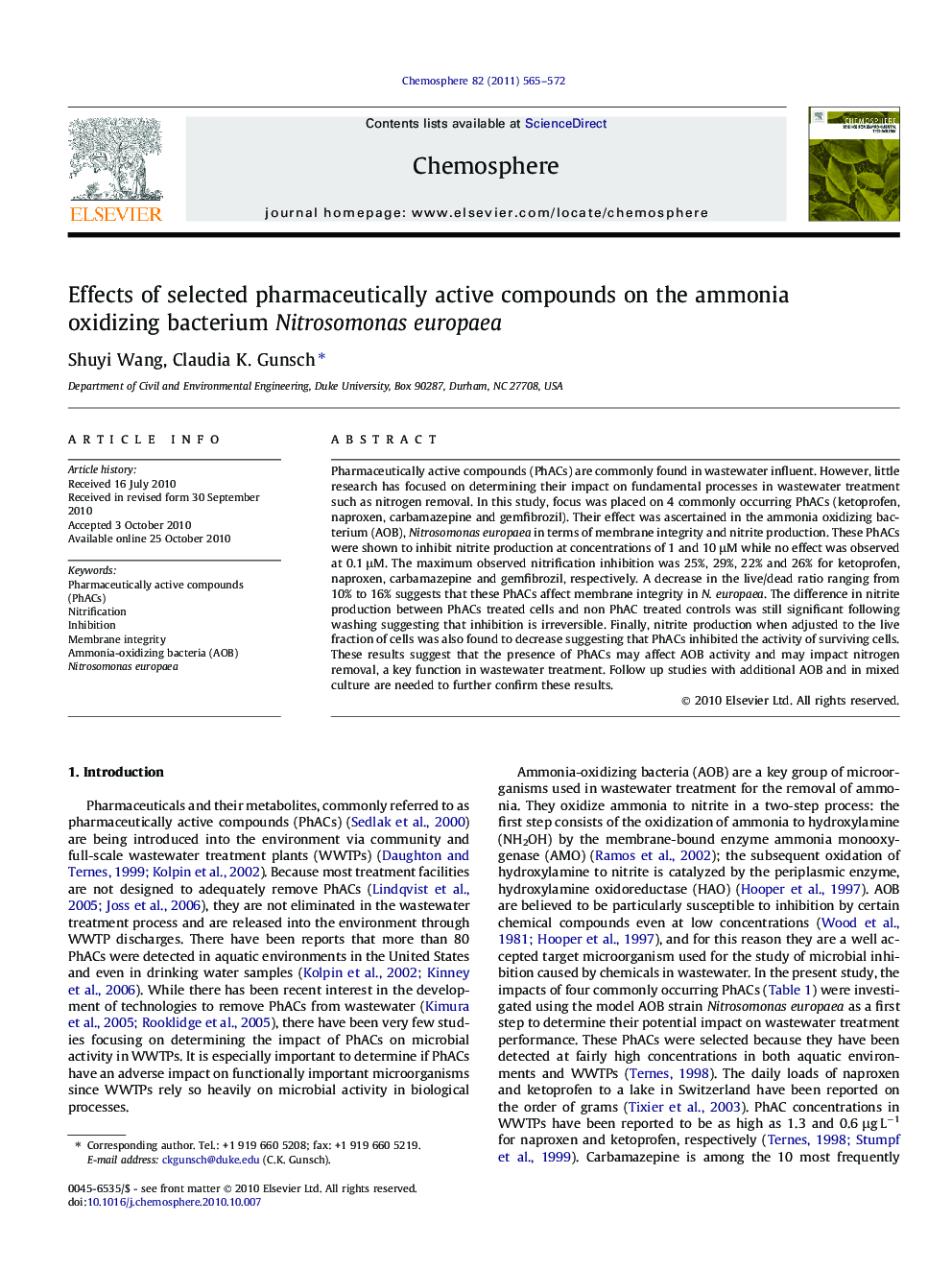 Effects of selected pharmaceutically active compounds on the ammonia oxidizing bacterium Nitrosomonaseuropaea