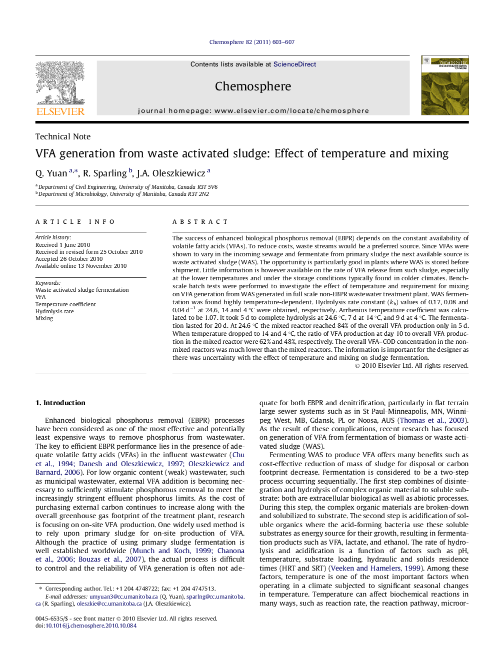 VFA generation from waste activated sludge: Effect of temperature and mixing