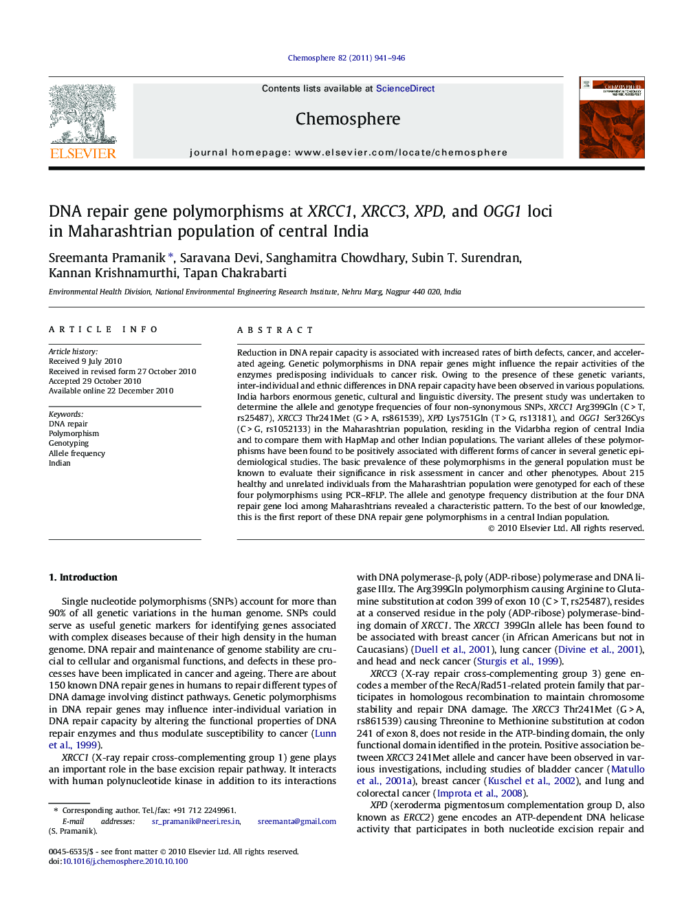 DNA repair gene polymorphisms at XRCC1, XRCC3, XPD, and OGG1 loci in Maharashtrian population of central India